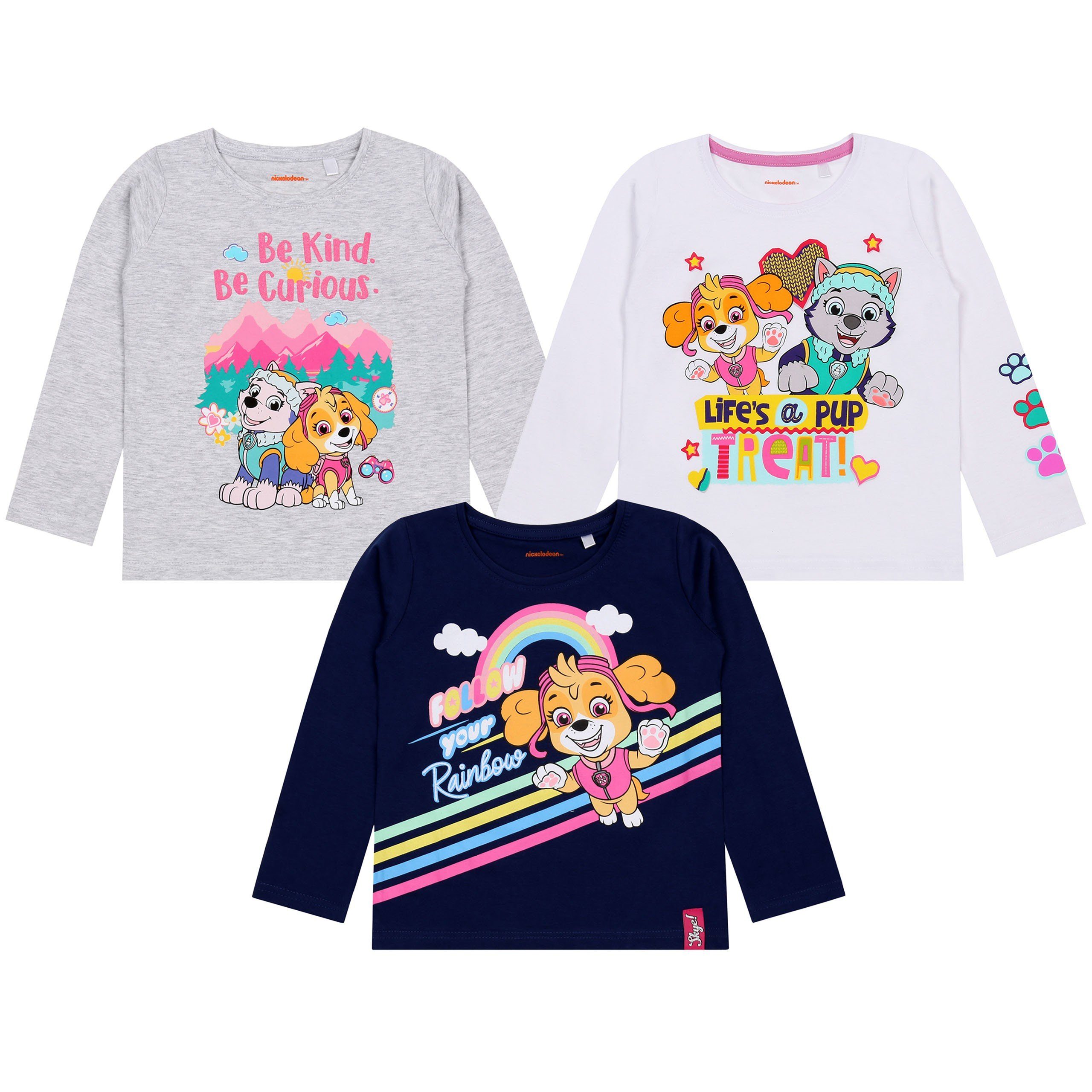 PAW PATROL Langarmshirt Paw Patrol Skye Everest Langarm-Baumwollbluse für Mädchen 3er-Pack