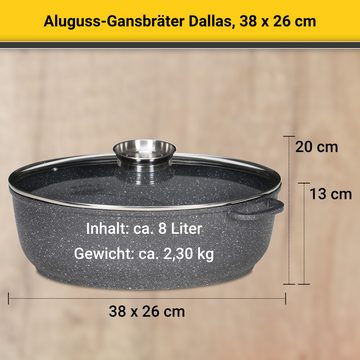 Krüger Bräter Aluguss Gansbräter mit Glasdeckel und Aromaknopf Dallas, 38 x26 x13 cm, Aluminiumguss (1-tlg), für Induktions-Kochfelder geeignet