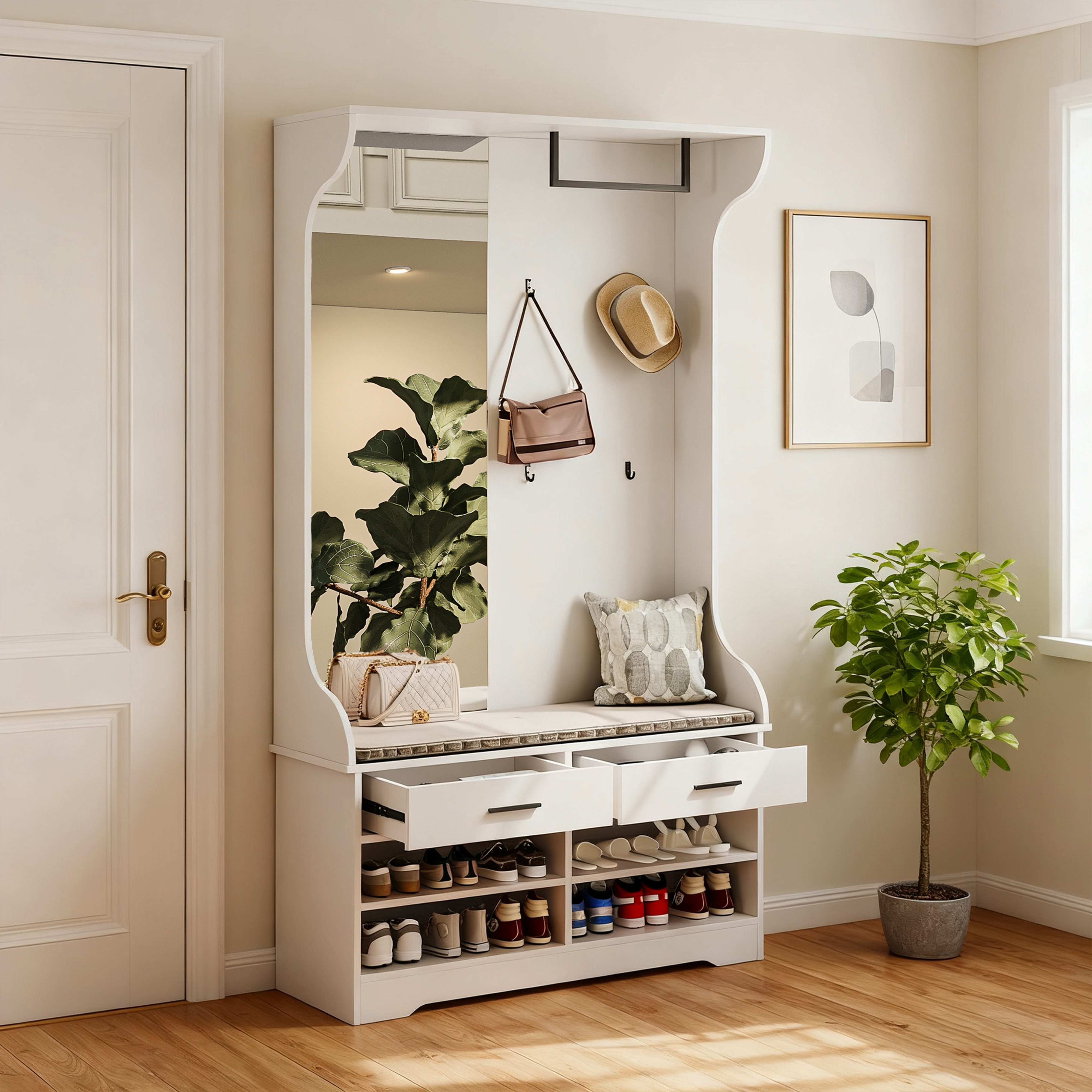 BELUPAI Garderobenständer Weiß Garderobe Set 180cm, (Set, 1 St., Garderobe mit Spiegel, Schuhschrank, 2 Schublade und Kleiderstange), für Wohnzimmer, Schlafzimmer, Flur, 104 x 35 x 180cm