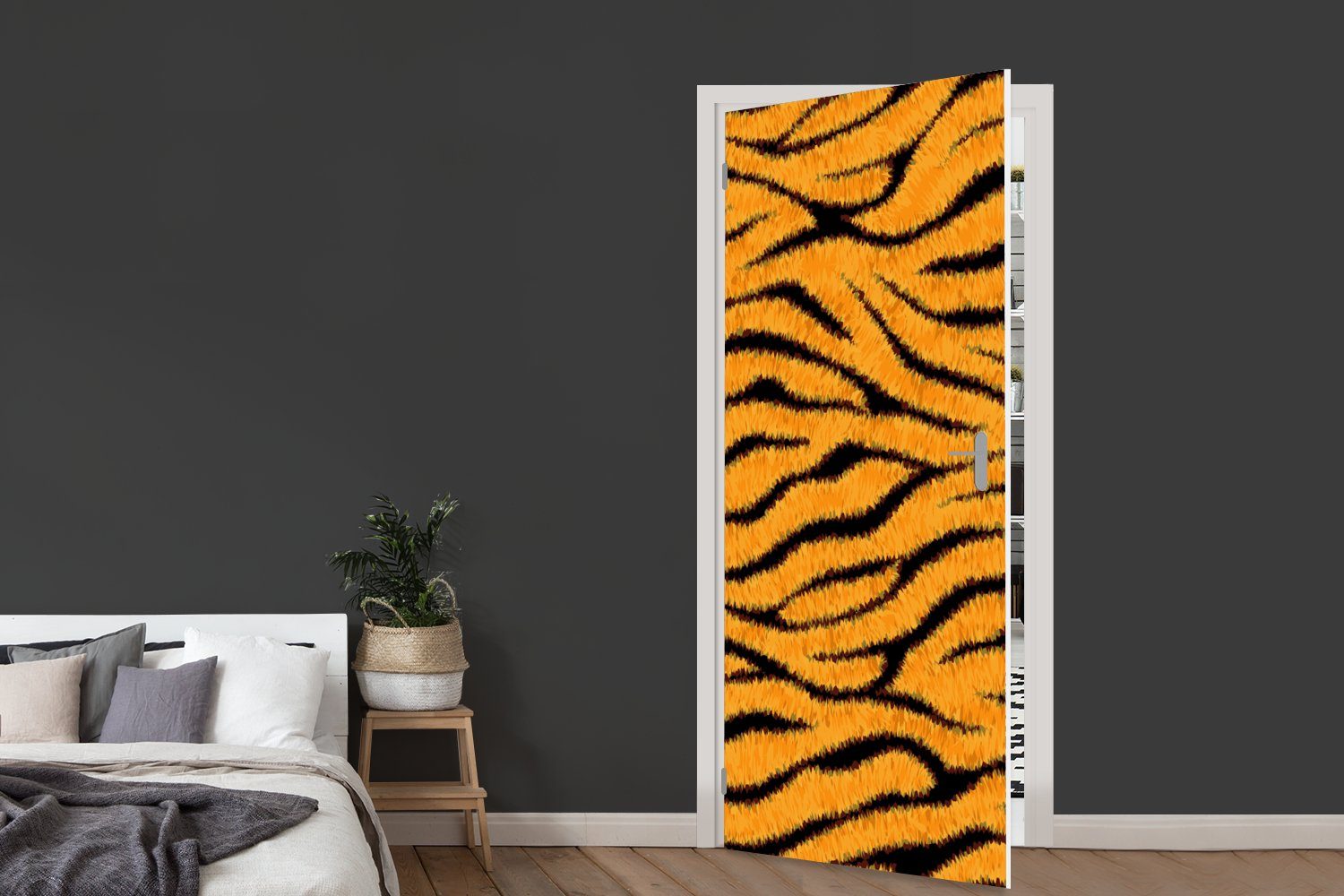 MuchoWow Türtapete Tigerdruck bedruckt, 75x205 (1 cm St), für Matt, Fototapete - Orange - Tür, Türaufkleber, Schwarz