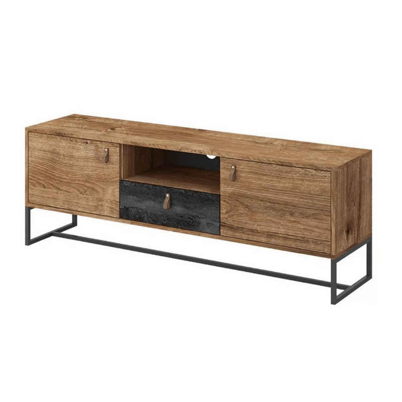 MOEBLO TV-Board BENO BRTV153 (für Wohnzimmer Lowboard für Fernseher Fernseherschrank Board Kommode, Schrank mit Schublade, Griffe aus Leder, Füße - Metallrahmen), (BxHxT): 153x54x36 cm