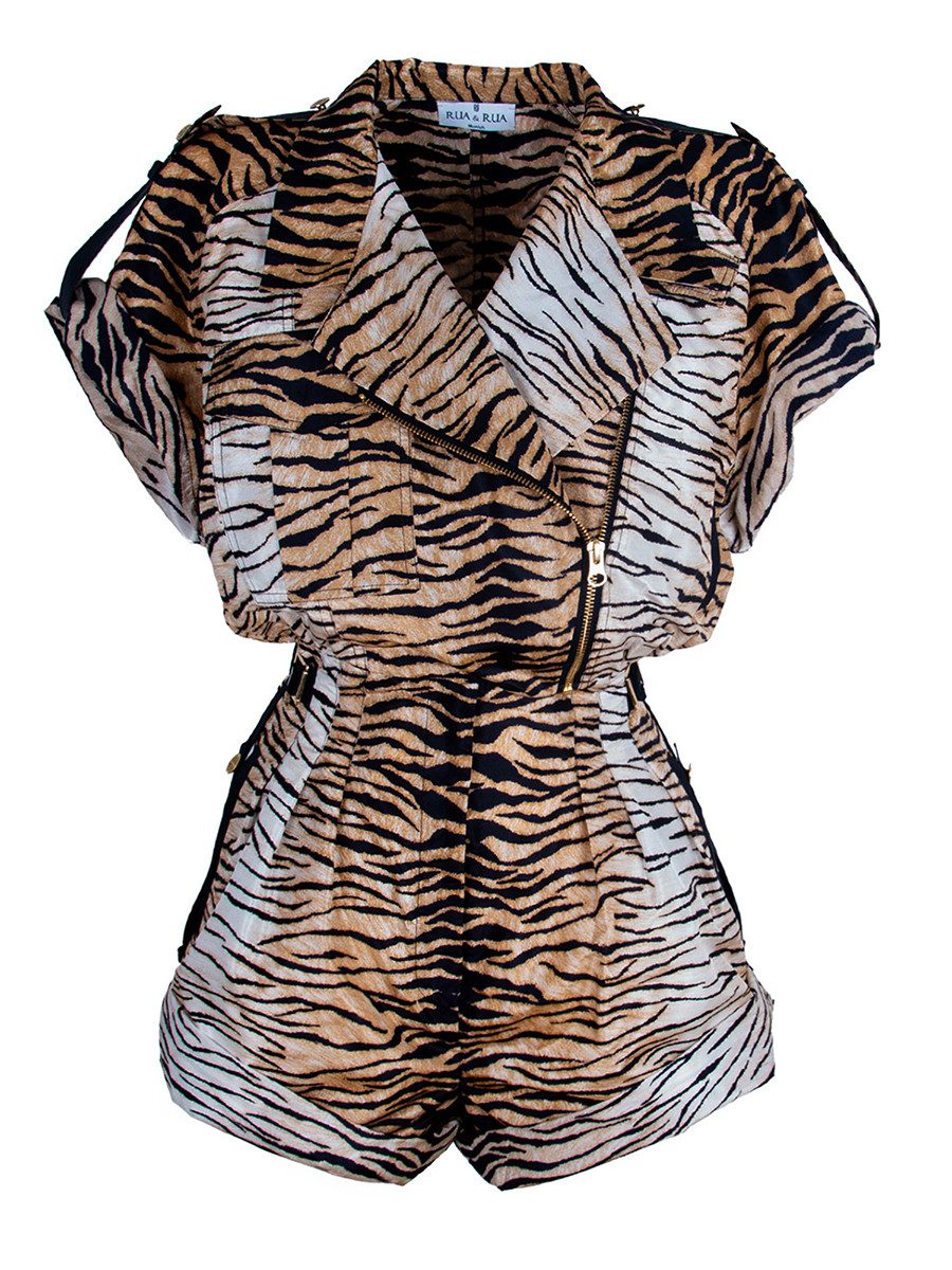 RUA & RUA Playsuit Seiden Jumpsuit Animalprint – Luxus Overall Kurzarm mit Gürtel Exklusiver Playsuit aus 100% Seide