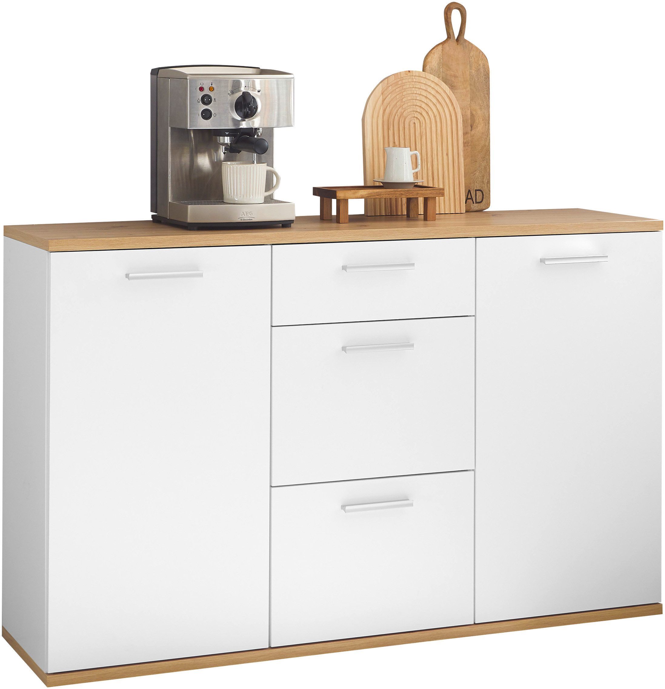 HBZ Kommode BC1035 weiß matt, BxHxT 135x86x38 cm, Kommode mit 2 Türen, 3 Schubkästen, 2 Einlegeböden