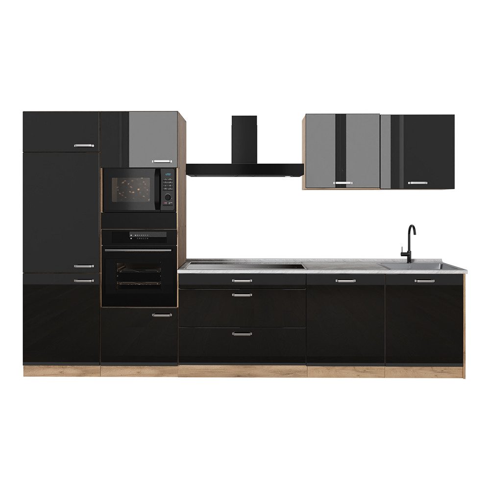 Vicco Küchenzeile R-Line, Schwarz Hochglanz/Goldkraft Eiche, 340 cm Arbeitsplatte Marmor