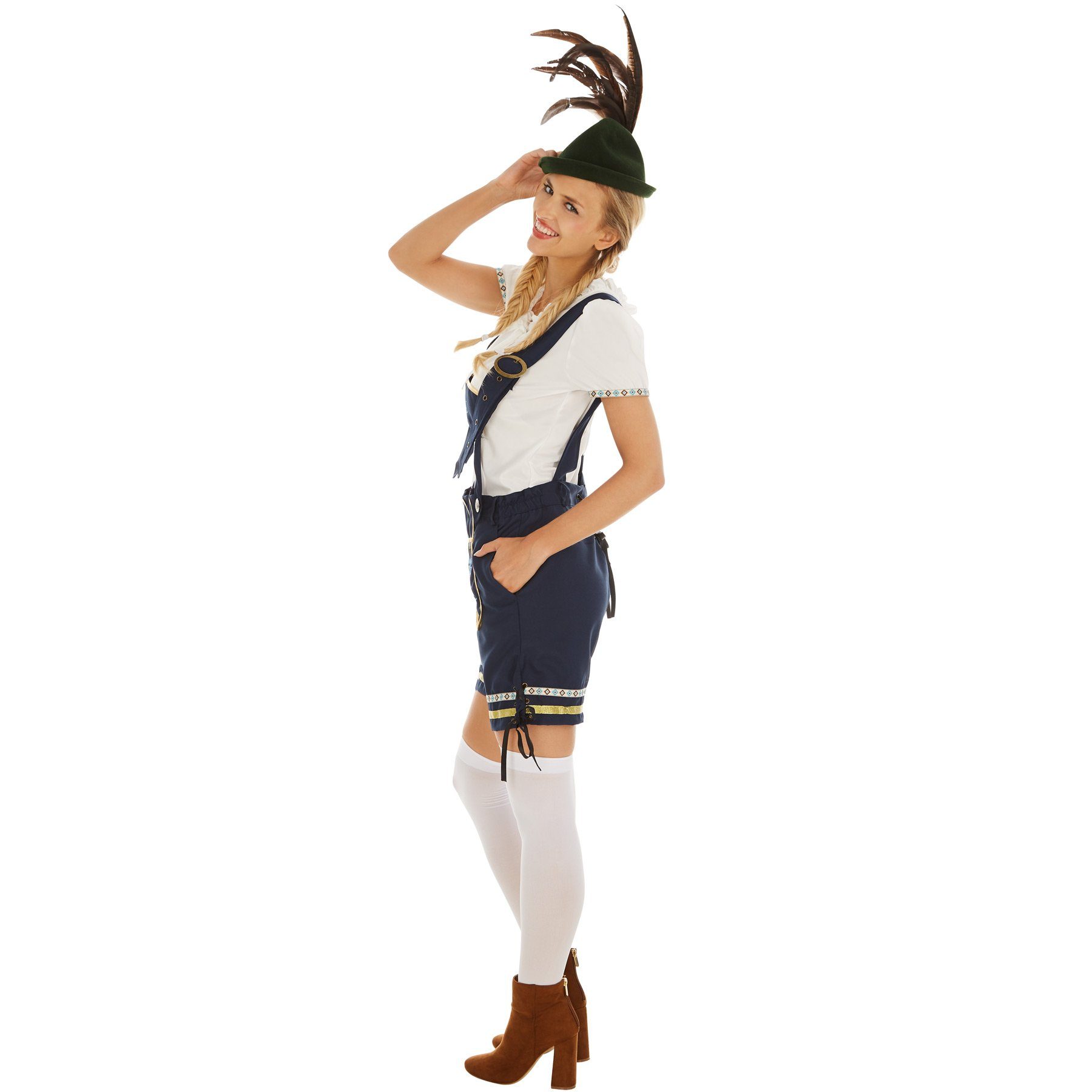 dressforfun Kostüm Dirndlkleid/Frauentracht, in schwarz, Gr. L, Verstellbare H-Träger, Kniestrümpfe, Kurze fesche Trachtenhose, Jersey-Elastik-T-Shirt