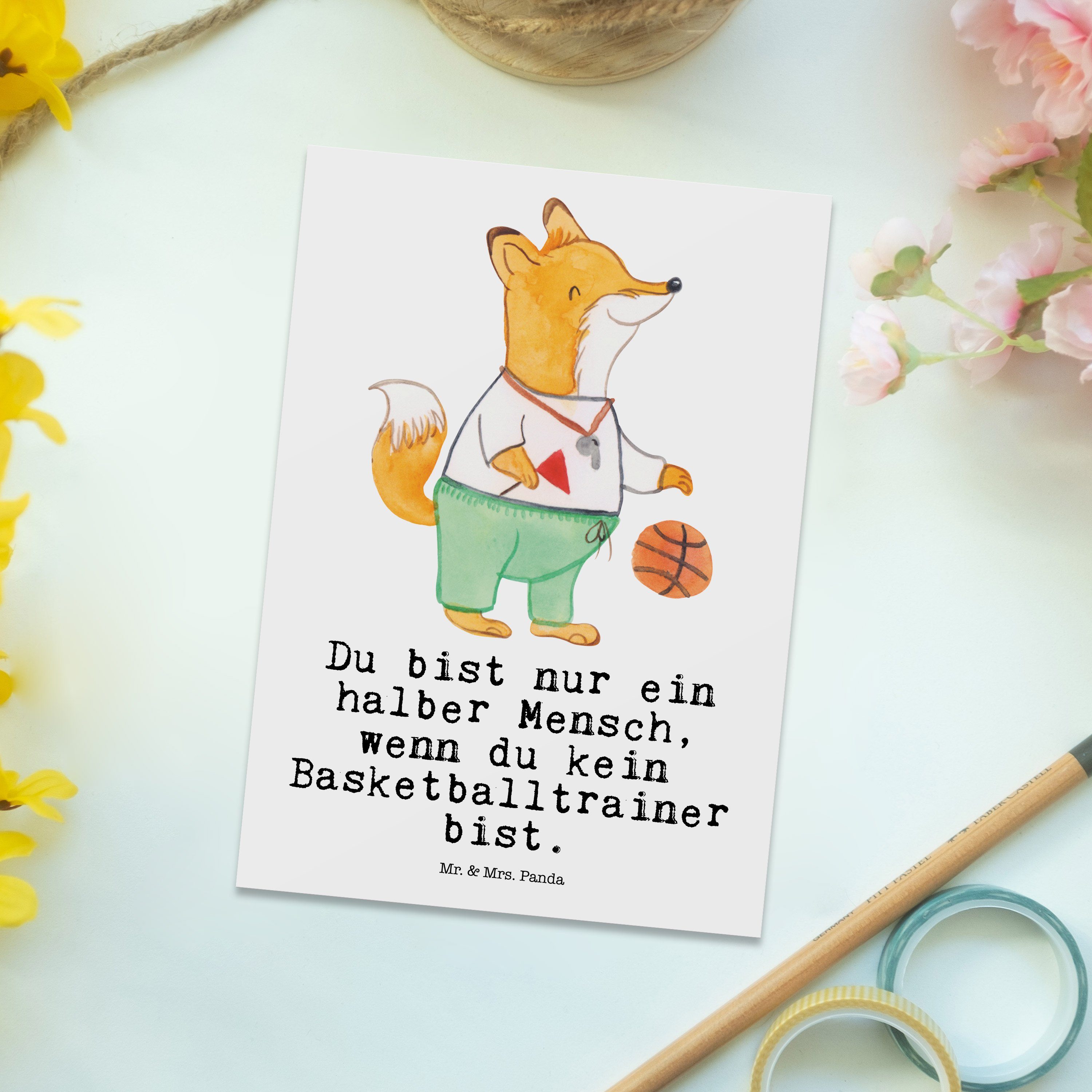 Mr. & Mrs. Panda Weiß Postkarte Da Basketballer, Basketballtrainer - mit Firma, - Geschenk, Herz