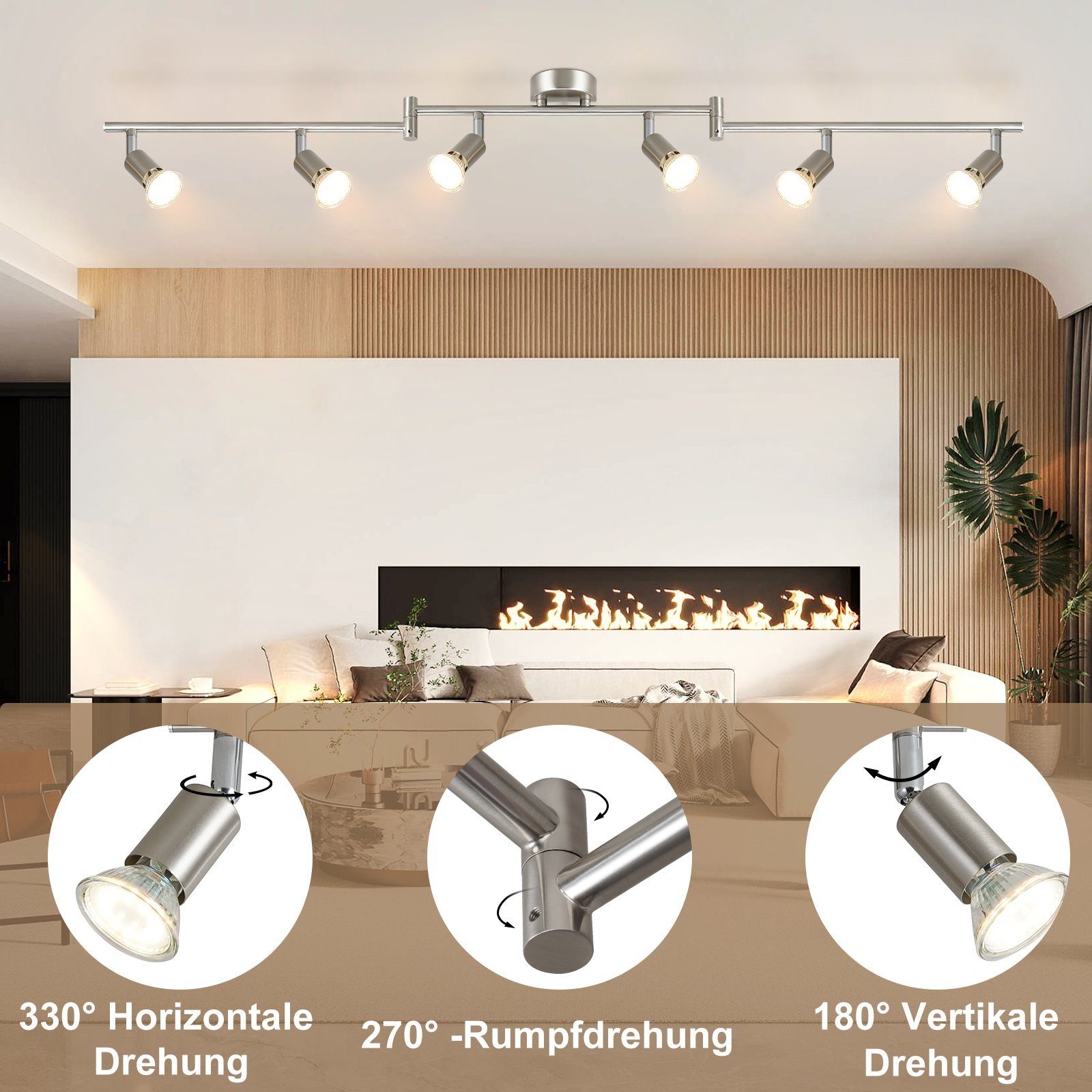 ZMH Deckenspots 6 Flammig - Deckenleuchte Modern Deckenstrahler GU10 Wohnzimmer, Einfasche Installtion, ohne Leuchtmittel, 350°Drehbar Spot Edelstahl Decke innen