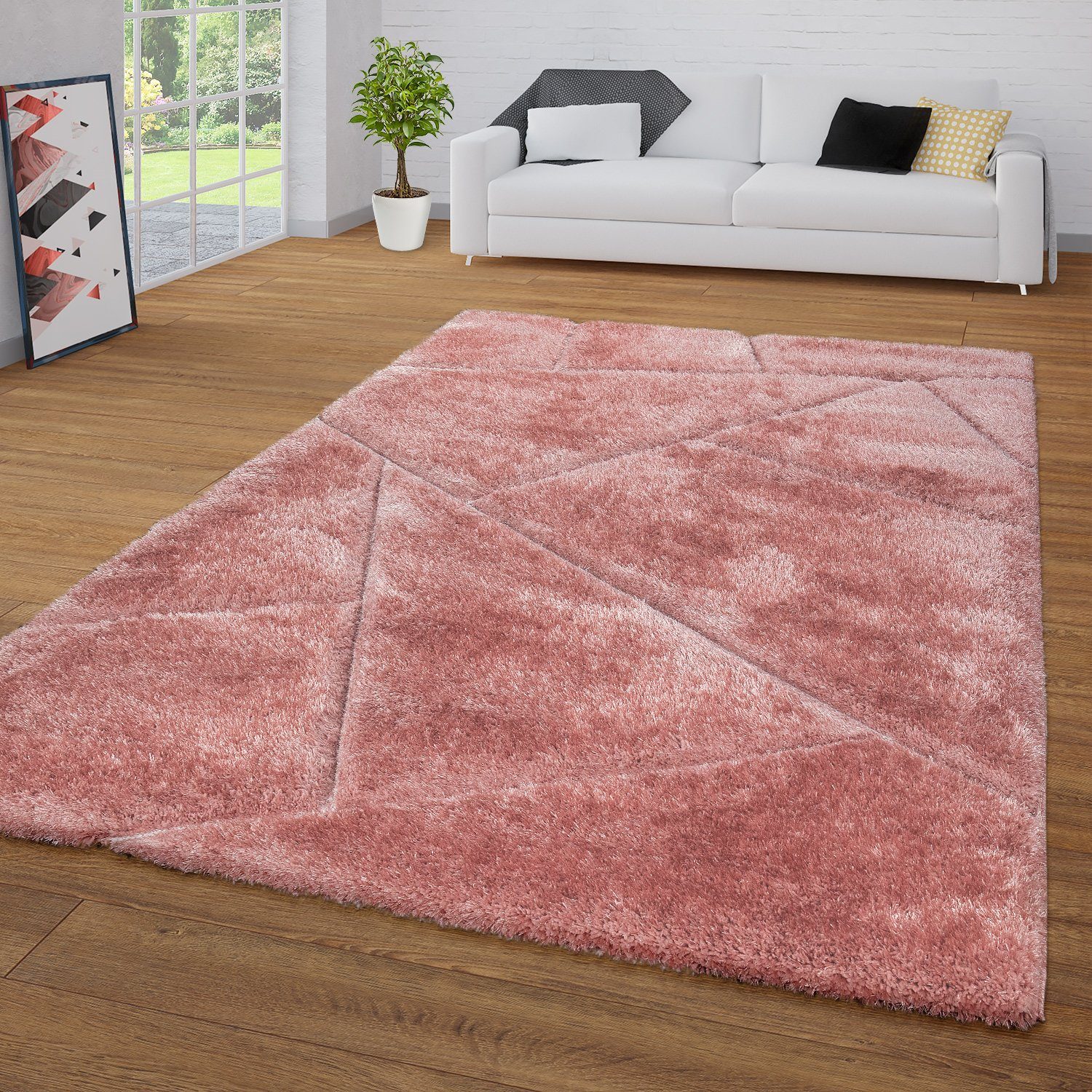 Hochflor-Teppich Hochflor Teppich Pink Rosa Wohnzimmer Schlafzimmer, TT  Home, rechteckig, Höhe: 44 mm