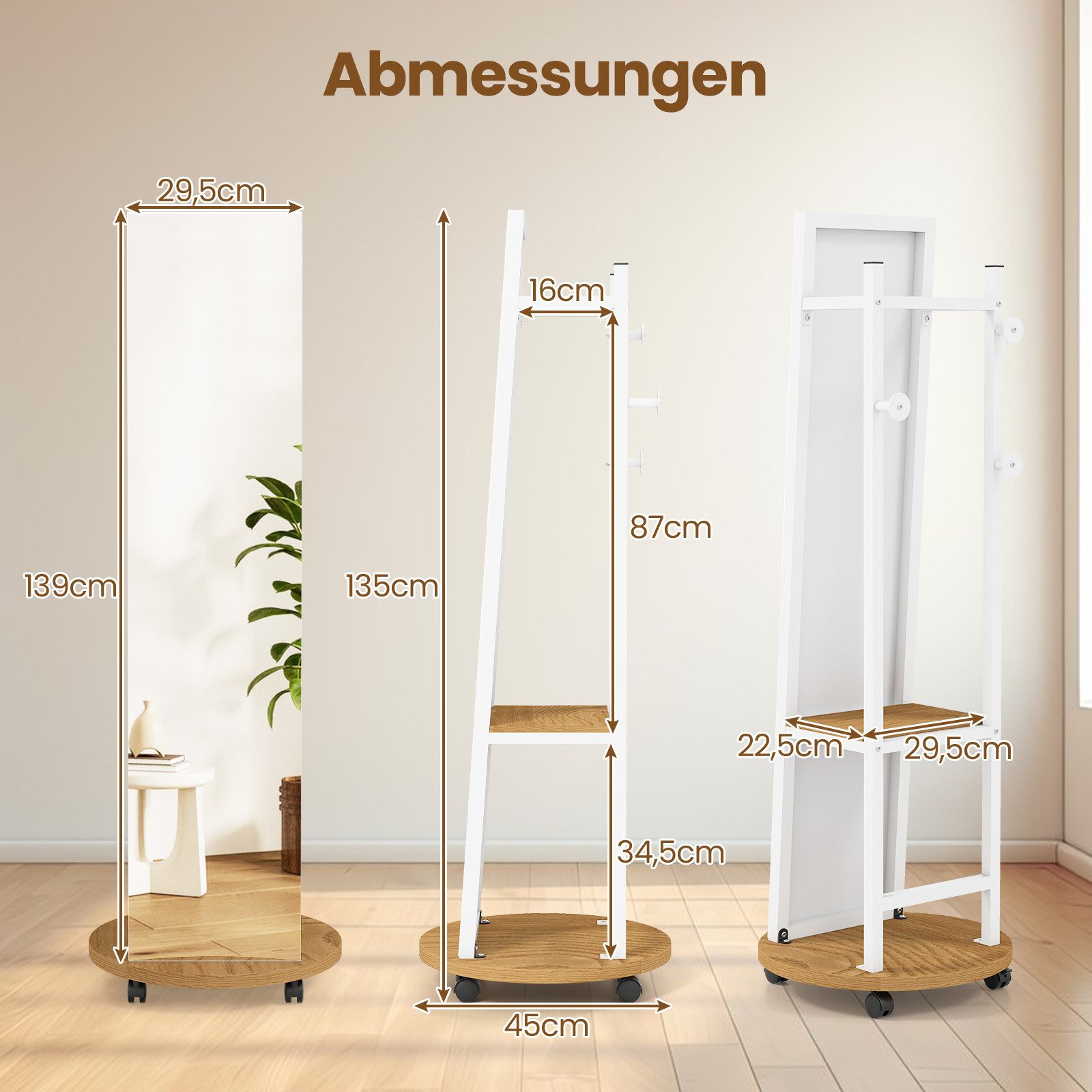 COSTWAY Kleiderständer, mit Ganzkörperspiegel 2in1, Standspigel, mit Ablage