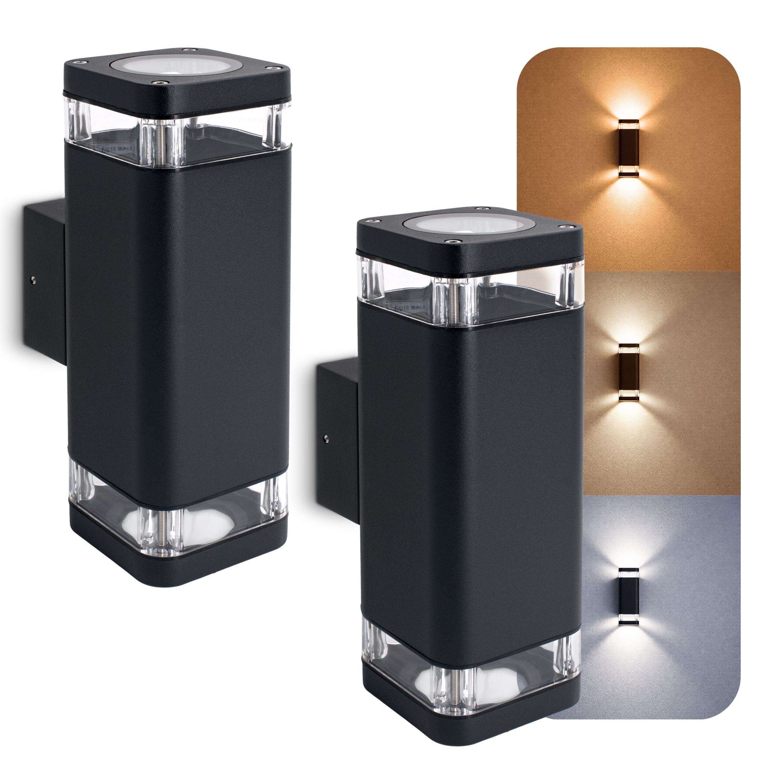 SSC-LUXon LED Außen-Wandleuchte Wandleuchte ATUNI Up & Down mit LED GU10 5W drei Lichtfarben Wandlampe, Neutralweiß, Warmweiß, Tageslichtweiß