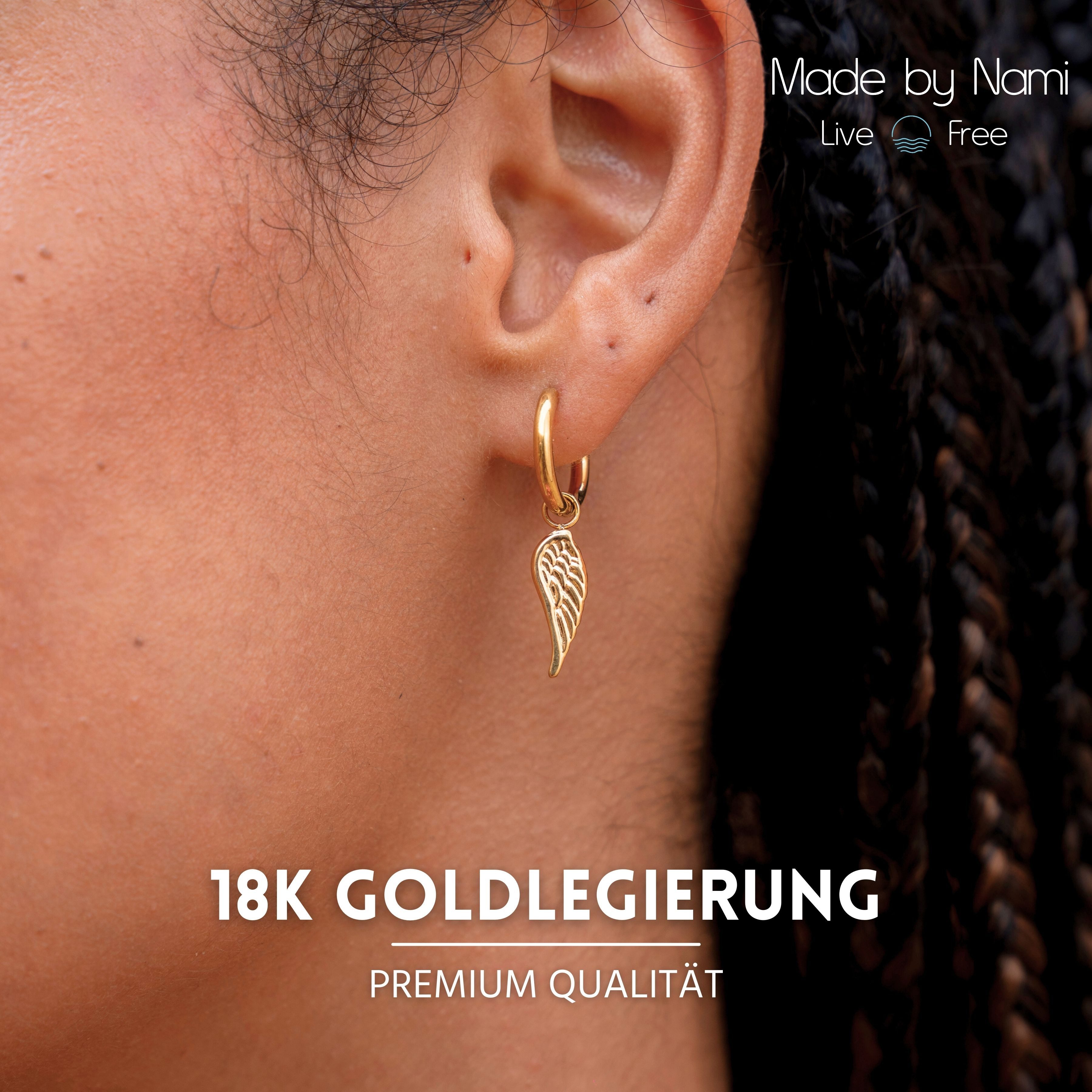 Made by Nami Ohrring-Set Hängende Creolen Ohrringe Engelsflügel Anhänger Edelstahl Wasserfest, aus Edelstahl – hängend – hypoallergen – wahlweise in Silber oder Gold