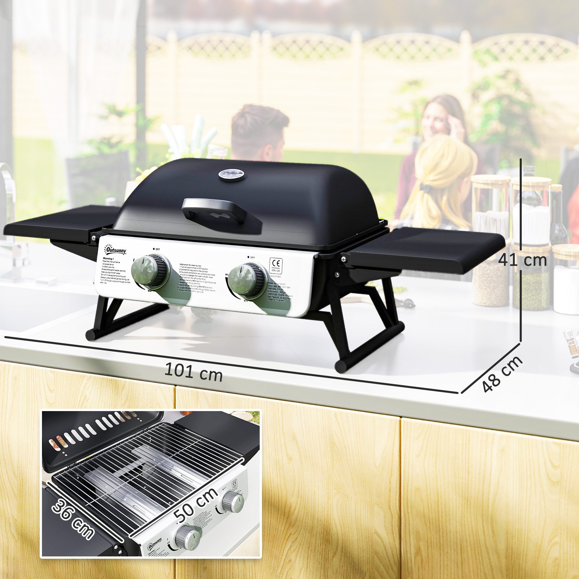 Outsunny Gasgrill inkl 2 Edelstahl-Brenner, Seitenablagen, Deckel, Thermometer, BBQ Gartengrill, 5,6 KW Gas-Grill, für Balkon, Camping-Grill 101 x 48 x 41 cm