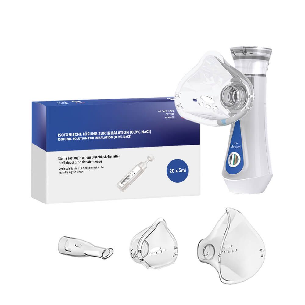 IEA Medical Inhalator Inhalationsgerät & Kochsalzlösung 0,9% NaCl im Set, Bundle, Inhalationsgerät und Kochsalzlösung, Familienfreundliches Bundle, für Erwachsene & Kinder, Masken inkl.
