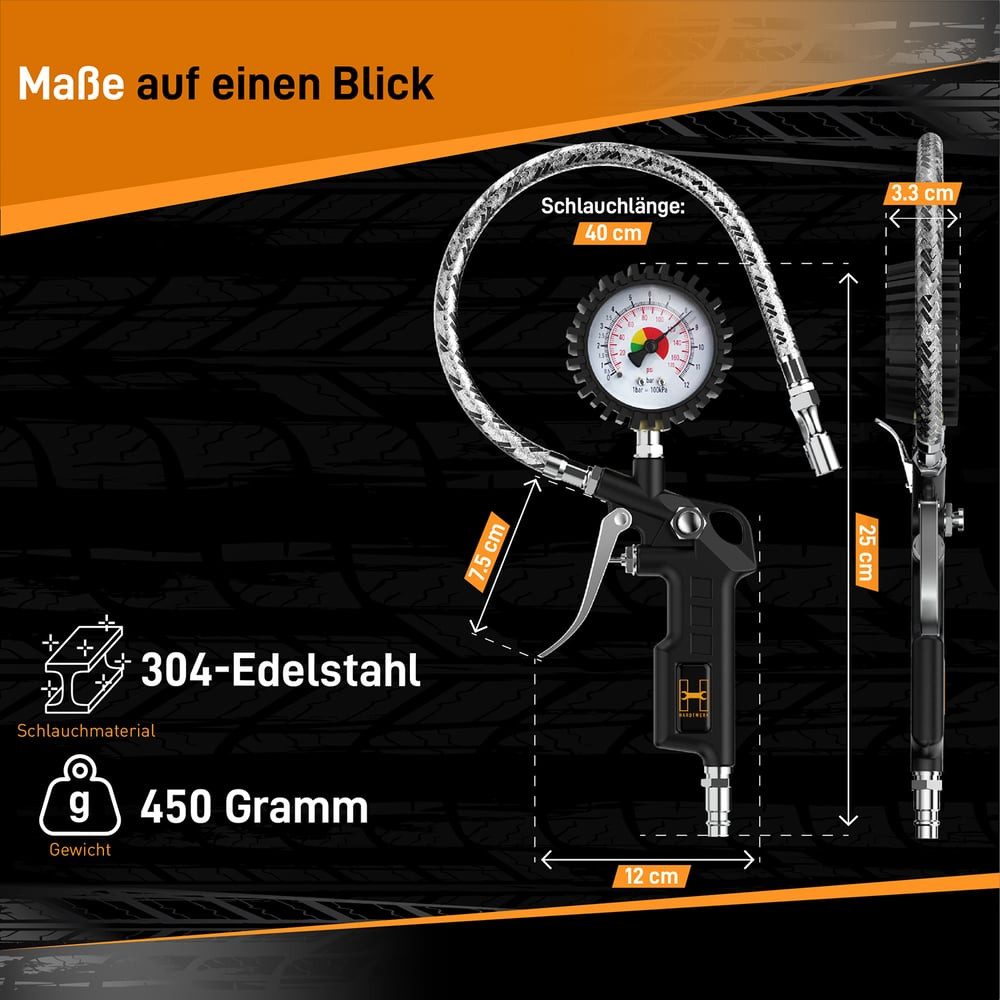 Hardtwerk® Tire Inflator Gauge, 360° Rotatable, One-Hand Operation, for Cars, Trucks, Motorcycles, Bicycles, Optimal Tire Pressure Measurement, 2 Units