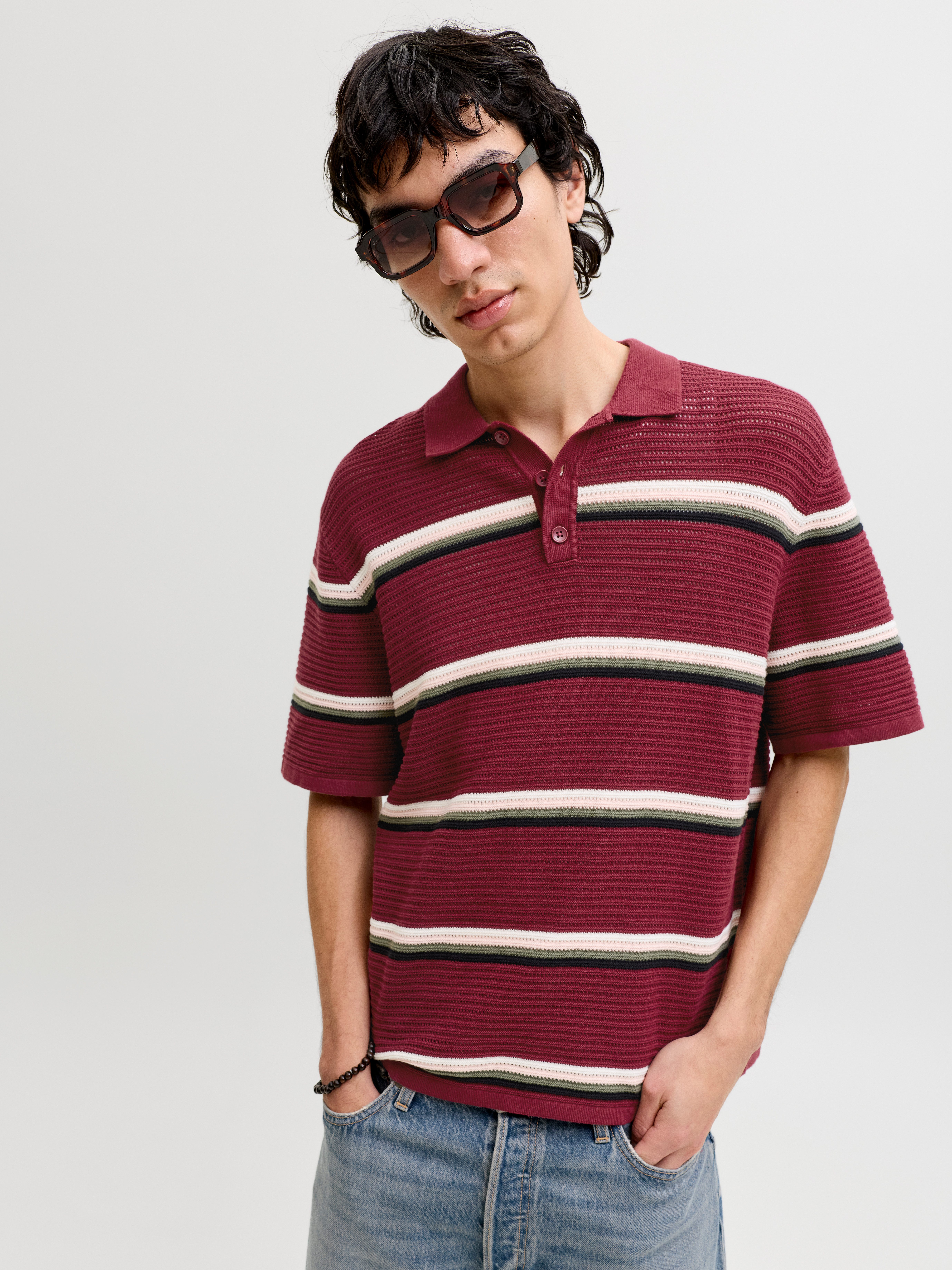 Jack & Jones Polokragenpullover JORMAINE KNIT STRIPE POLO SN Baumwolle, relaxed fit