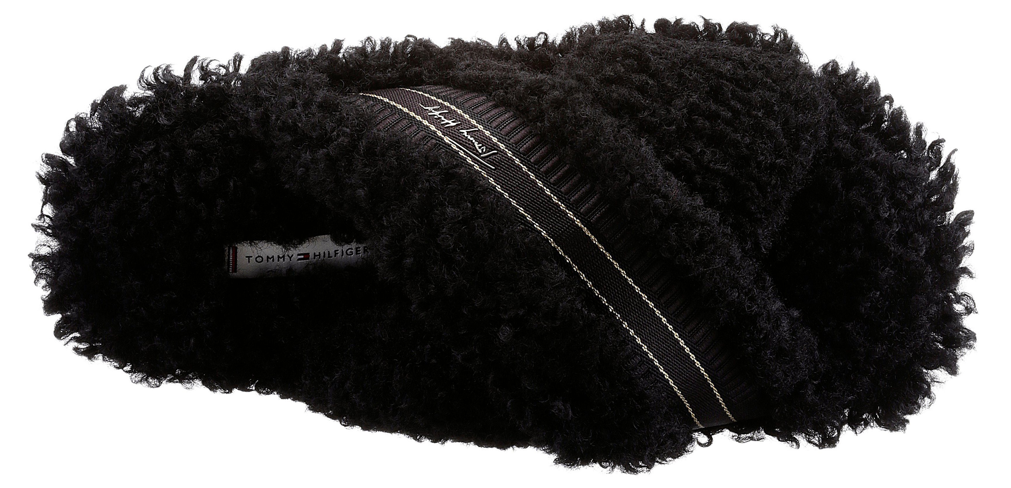 STRAPS Hilfiger FUR Tommy schwarz flauschiger HOME Pantoffel Bandage mit SHERPA SLIPPERS