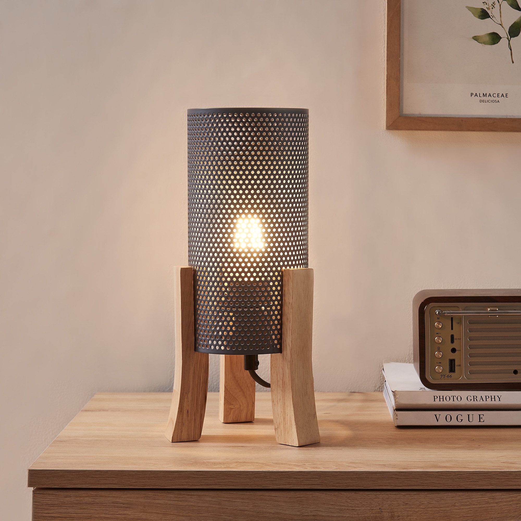 lux.pro Tischleuchte, ohne Leuchtmittel, »Joelleldsvin« Holz Metall in Mesh-Optik 30x14x14 cm Grau