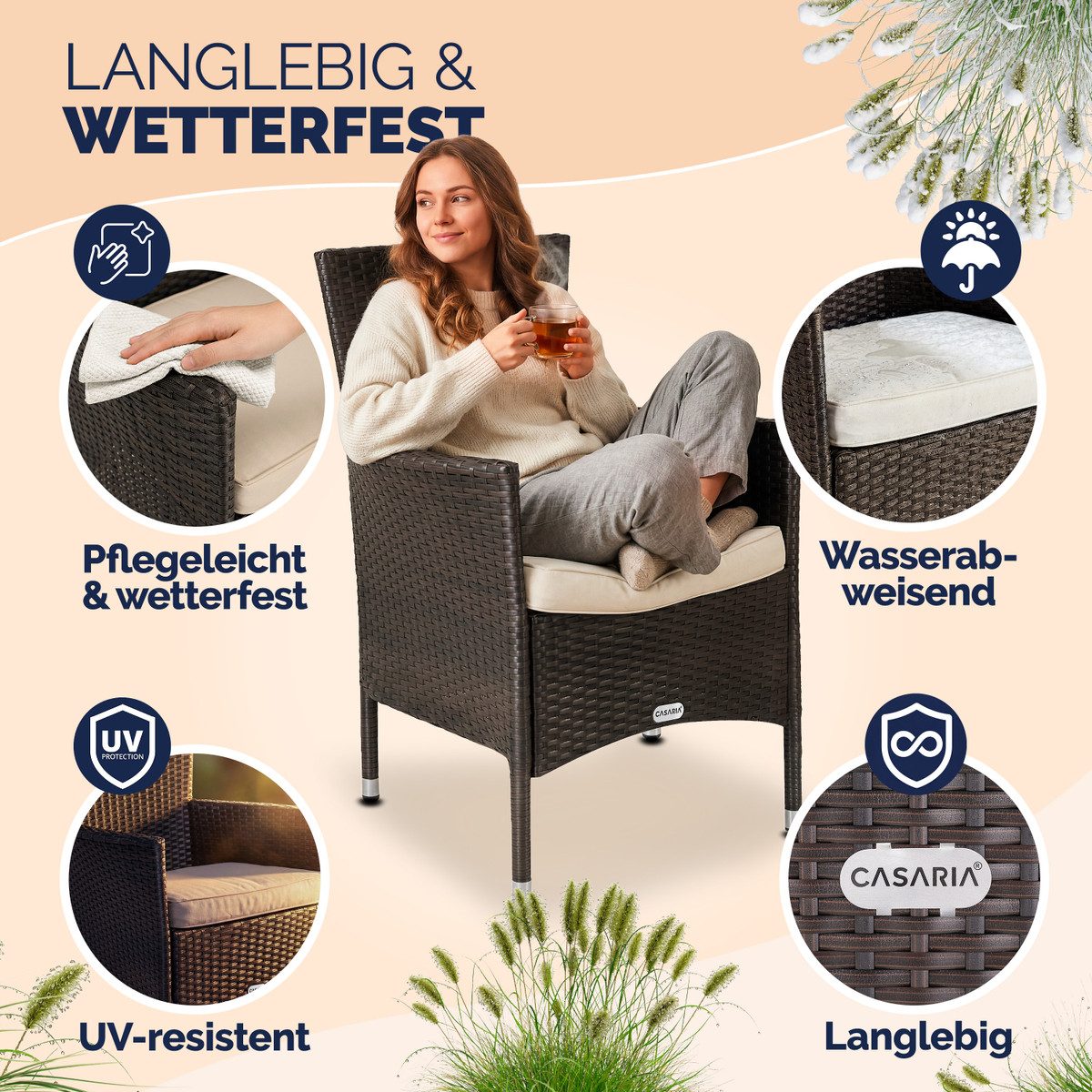 Casaria Gartenstuhl (2 St), Polyrattan 2er Set Stapelbar 7cm Auflagen 160kg Belastbarkeit
