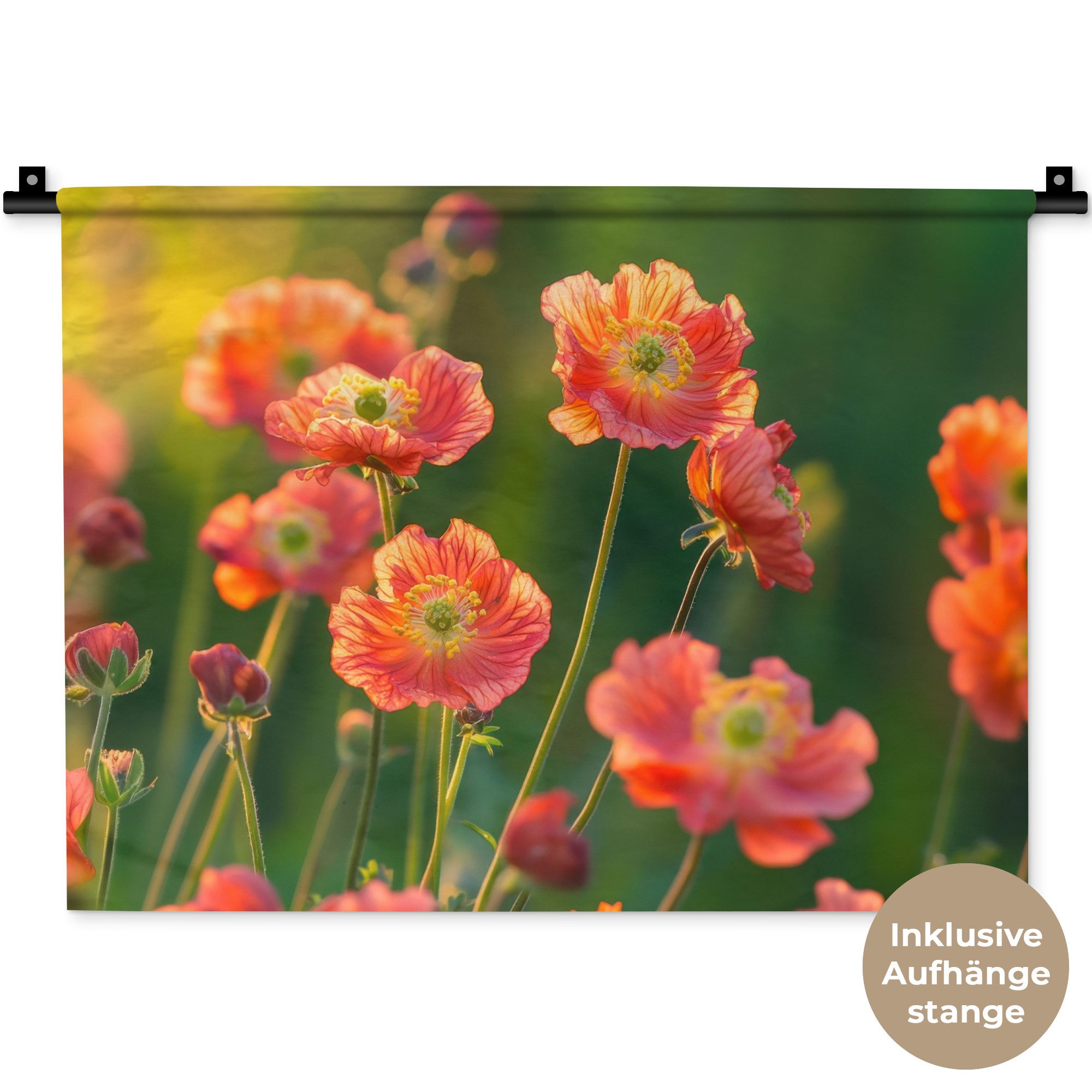 MuchoWow Wandteppich Blumenfeld - Sonnenstrahlen - Orange, Rechteckig, Höhe: 3 mm, Wanddeko Teppich Wohnzimmer, Schlafzimmer, 60x45 cm