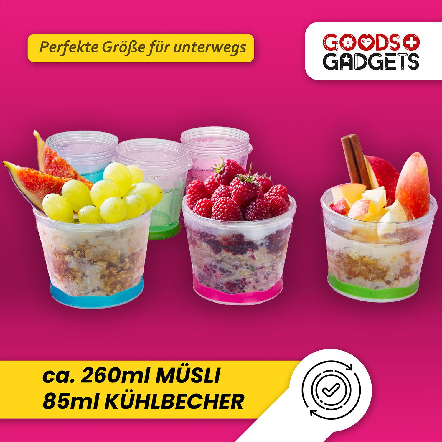 Goods+Gadgets Aufbewahrungsbecher GOODS+GADGETS Müsli To-Go Becher 2in1 mit Kühlfach & Klapp-Löffel, (Milchkühlfach & Klapp-Löffel), Joghurt 2-Go Reise-Becher