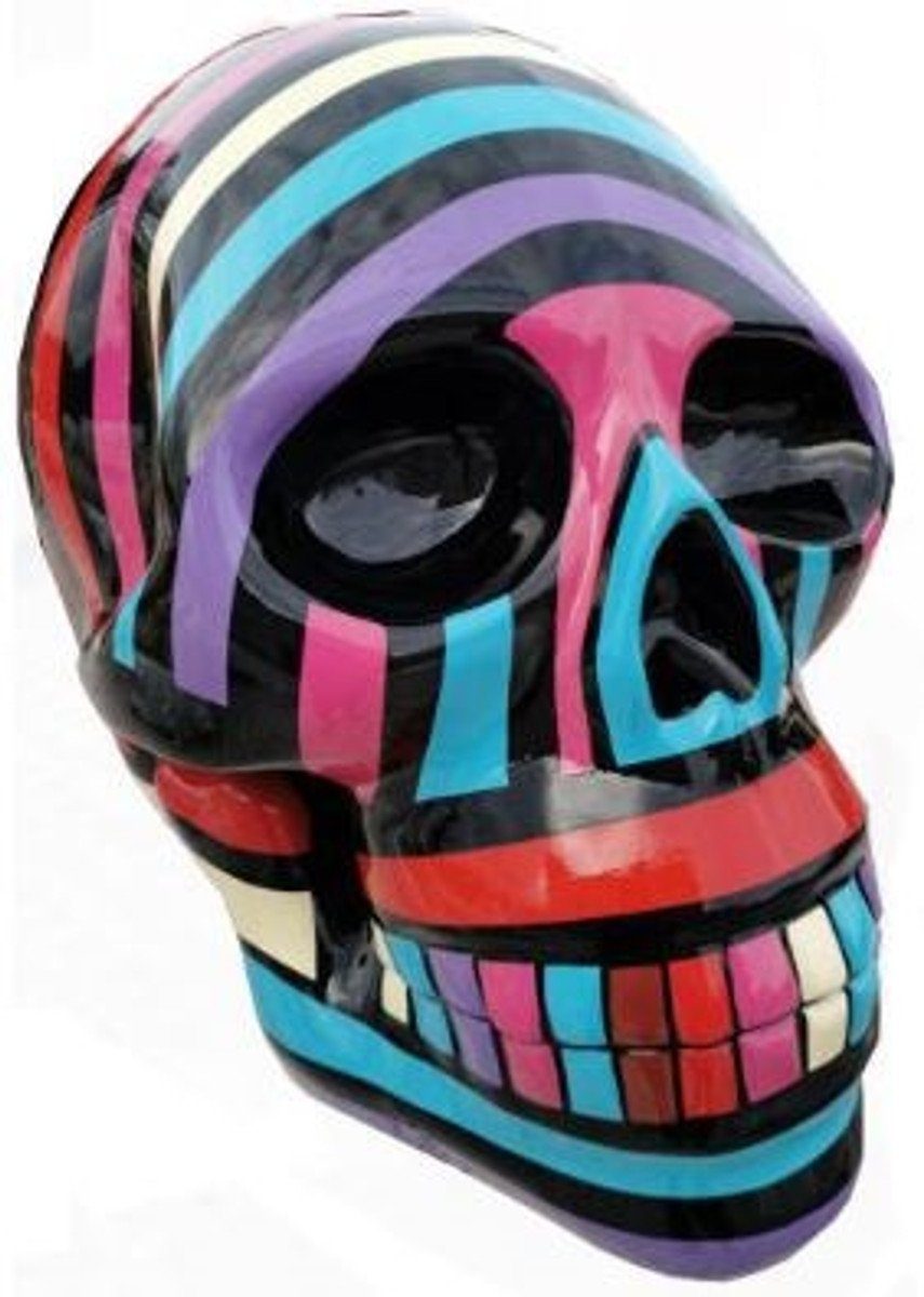 Skulptur Designer Deko Skulptur Totenkopf Schwarz / Bunt 44 x 58 x H. 66 cm - Wetterbeständige Dekofigur - Wohnzimmer Deko - Garten Deko
