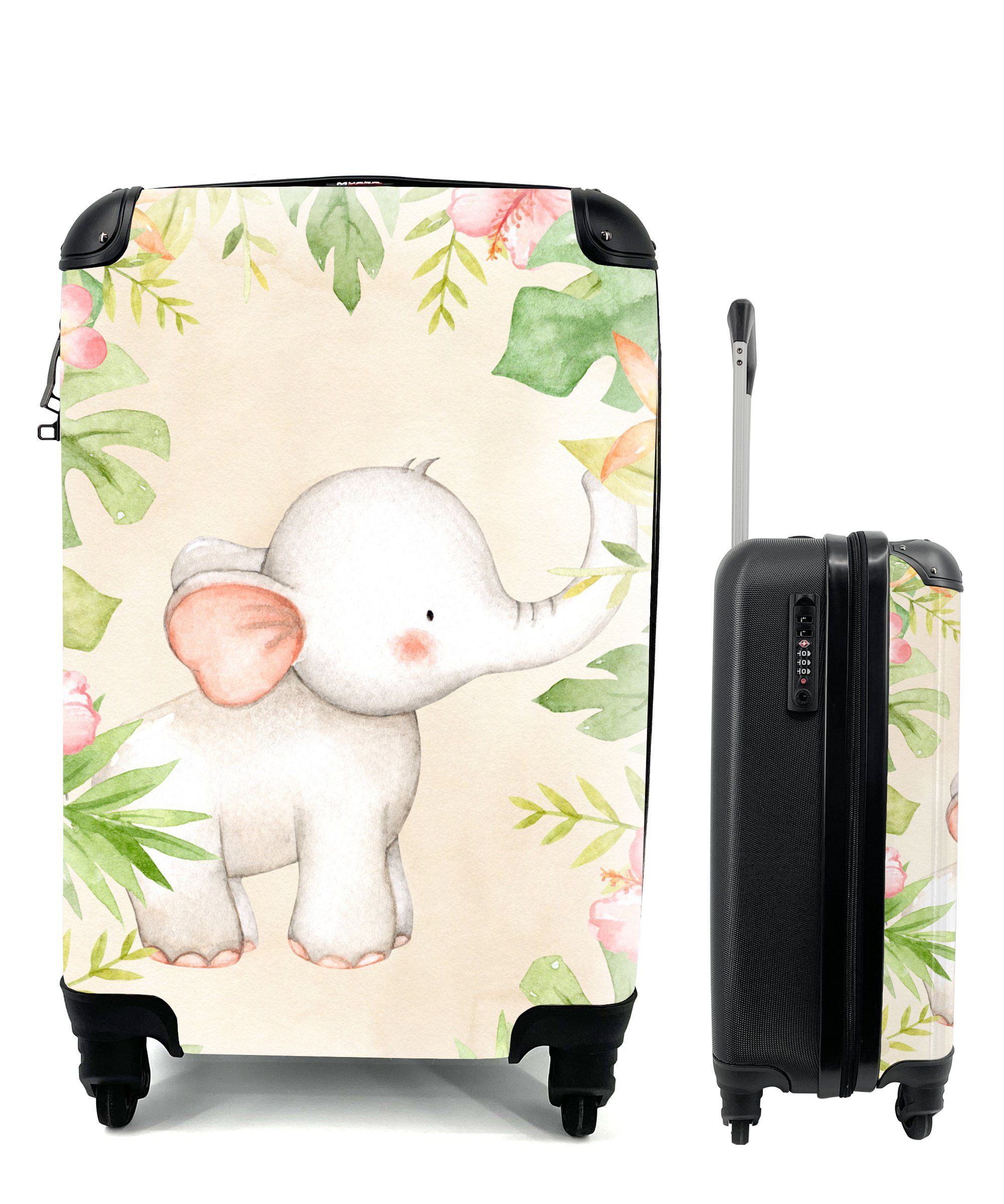 MuchoWow Handgepäckkoffer Elefant - Dschungel Reisetasche mit Aquarell, Reisekoffer 4 Handgepäck rollen, für - Trolley, Ferien, Rollen