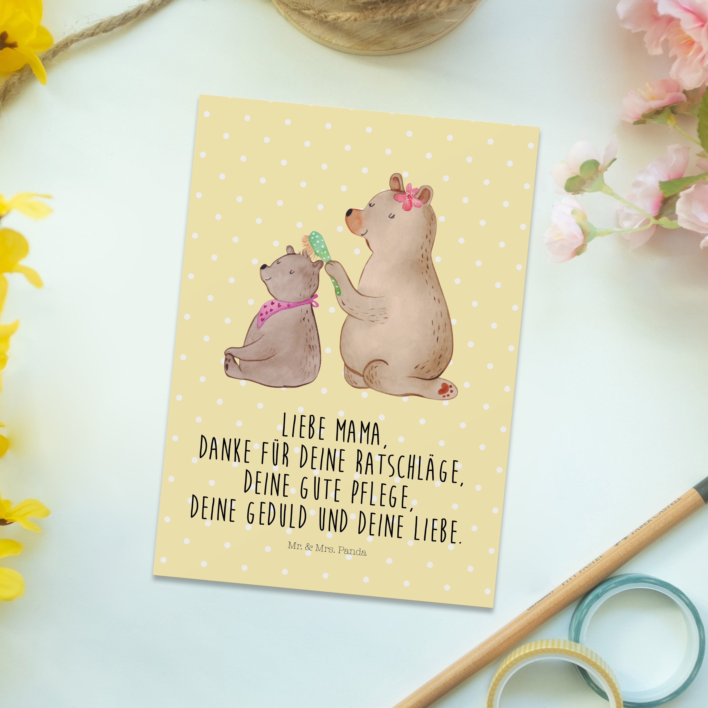 Mr. & Mrs. Panda - Muttertag, Einladun Gelb Vatertag, Pastell - Kind Postkarte Bär mit Geschenk