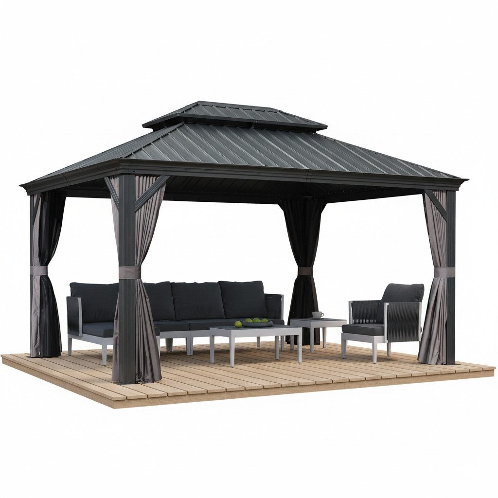PURPLE LEAF Pavillon Gartenpavillon mit Stahldach, Hardtop Gazebo mit Seitenteile, Wasserdicht Stabil Winterfest, Grau