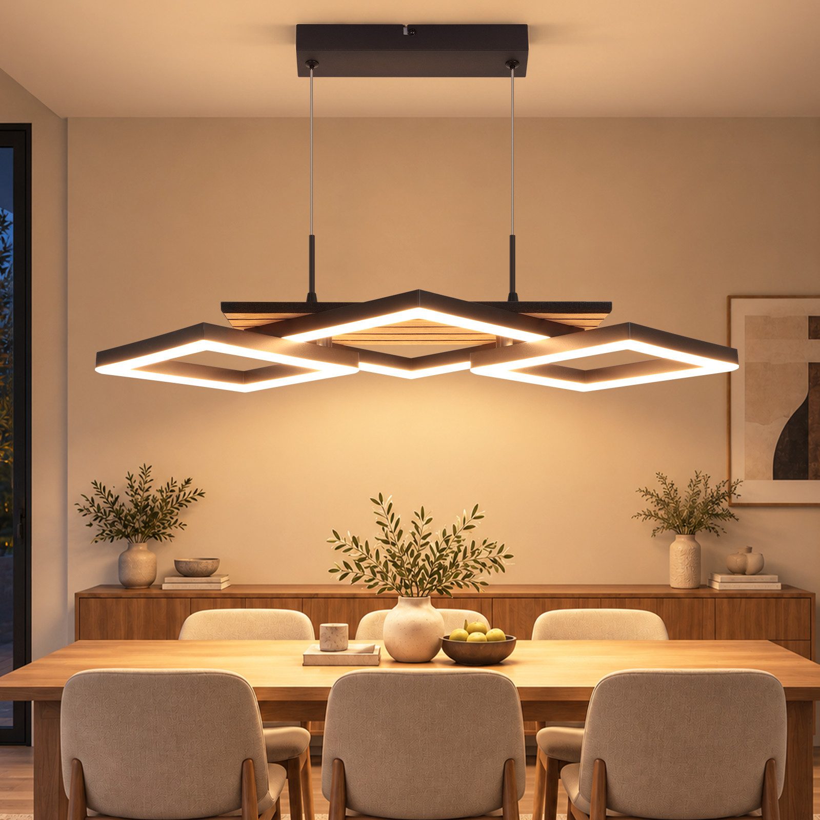 ZMH LED Pendelleuchte Schwarz, Holz, Ring/Diamant, 21W, 3000K warmes weißes Licht, LED fest integriert, 3 Rauten, vorinstalliert, höhenverstellbar, mit LED-Lichtquelle