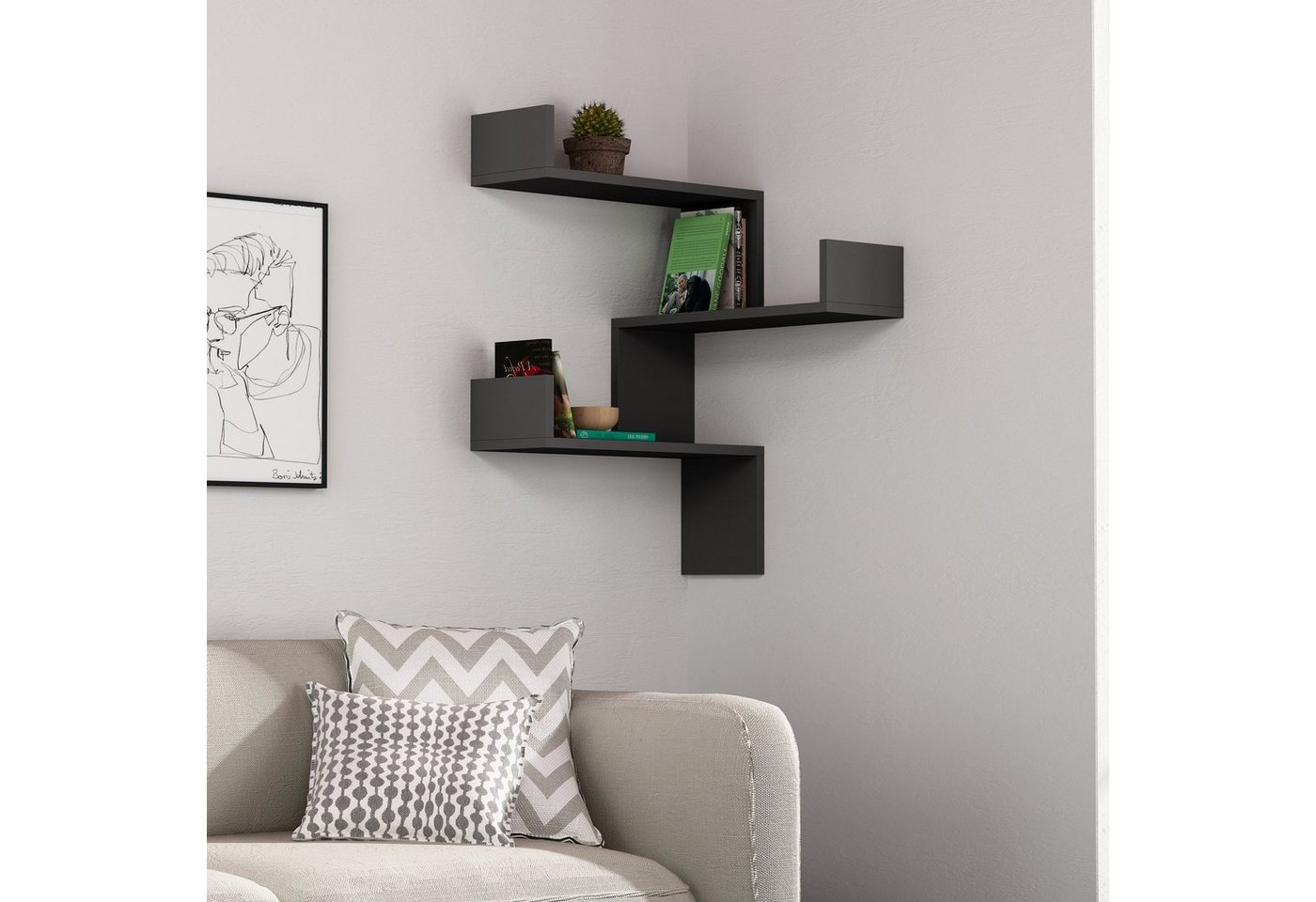 Decortie Bücherregal Luksa, Modernes Bücherregal,Eckwandregal,Vitrine, 60 x 22 x 90 cm