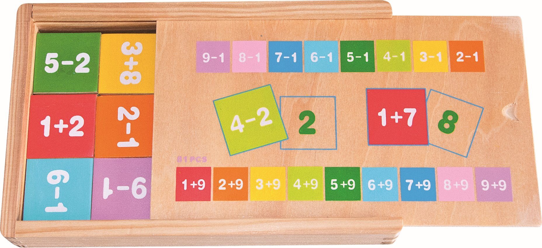Woodyland Lernspielzeug 81 teilige Holzrechenbox Subtraktion, Rechenset teiliges Addition 81 zu und