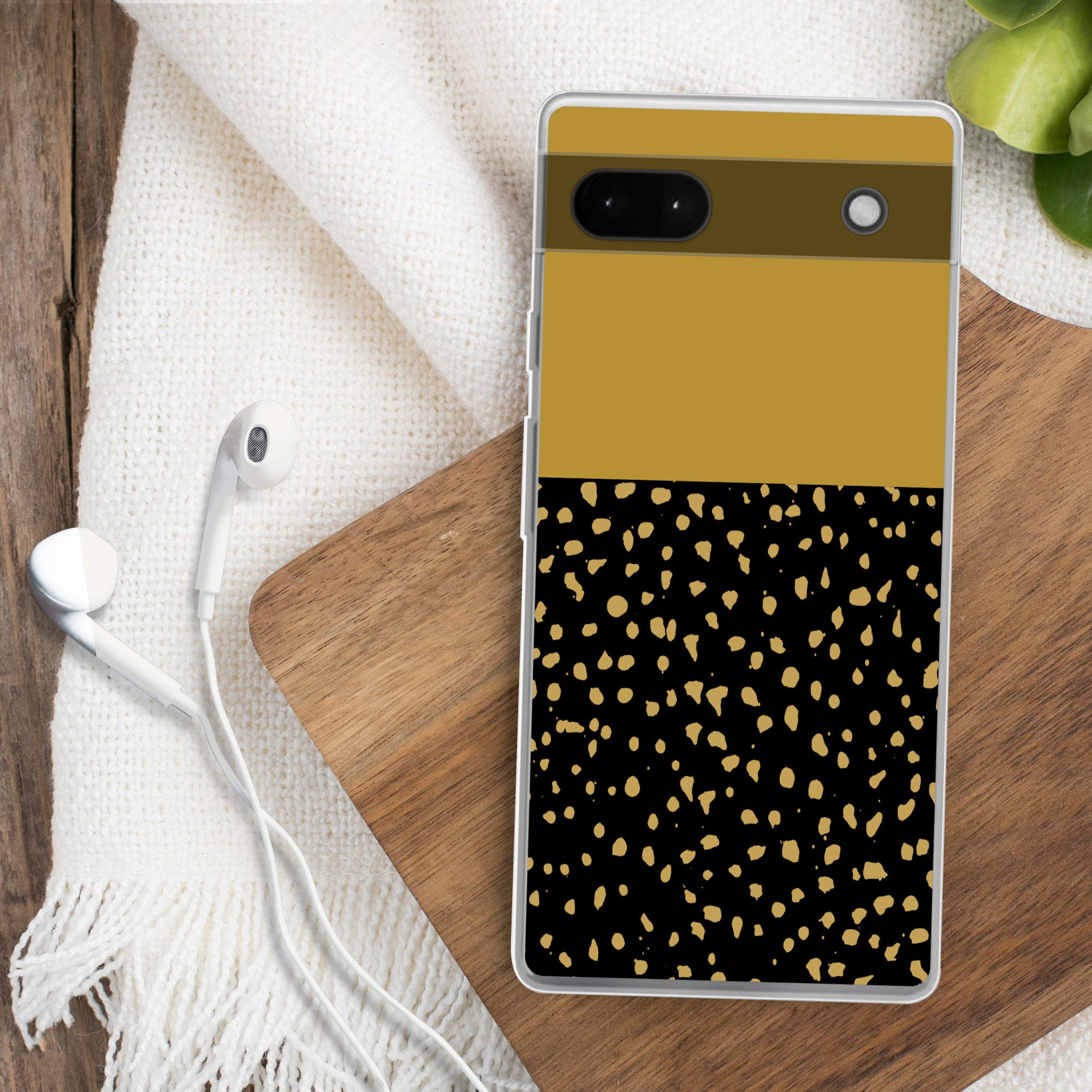 MuchoWow Handyhülle für Google Pixel 6a Polka dots - Ockergelb - Schwarz, Phone Case, Silikon, Schutzhülle Dünn