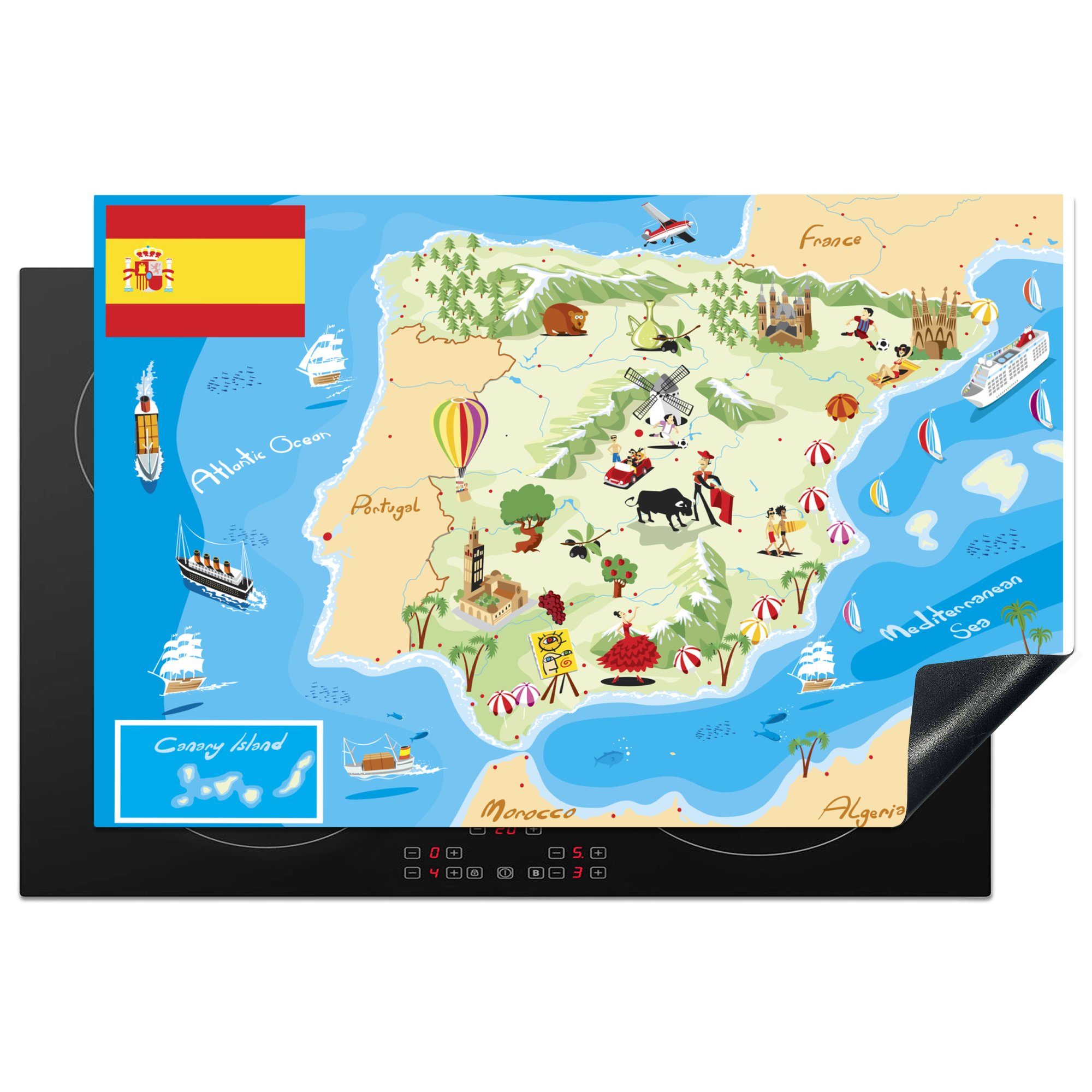 MuchoWow Herdblende-/Abdeckplatte Karte von Spanien mit Illustrationen, Vinyl, (1 tlg), 81x52 cm, Induktionskochfeld Schutz für die küche, Ceranfeldabdeckung