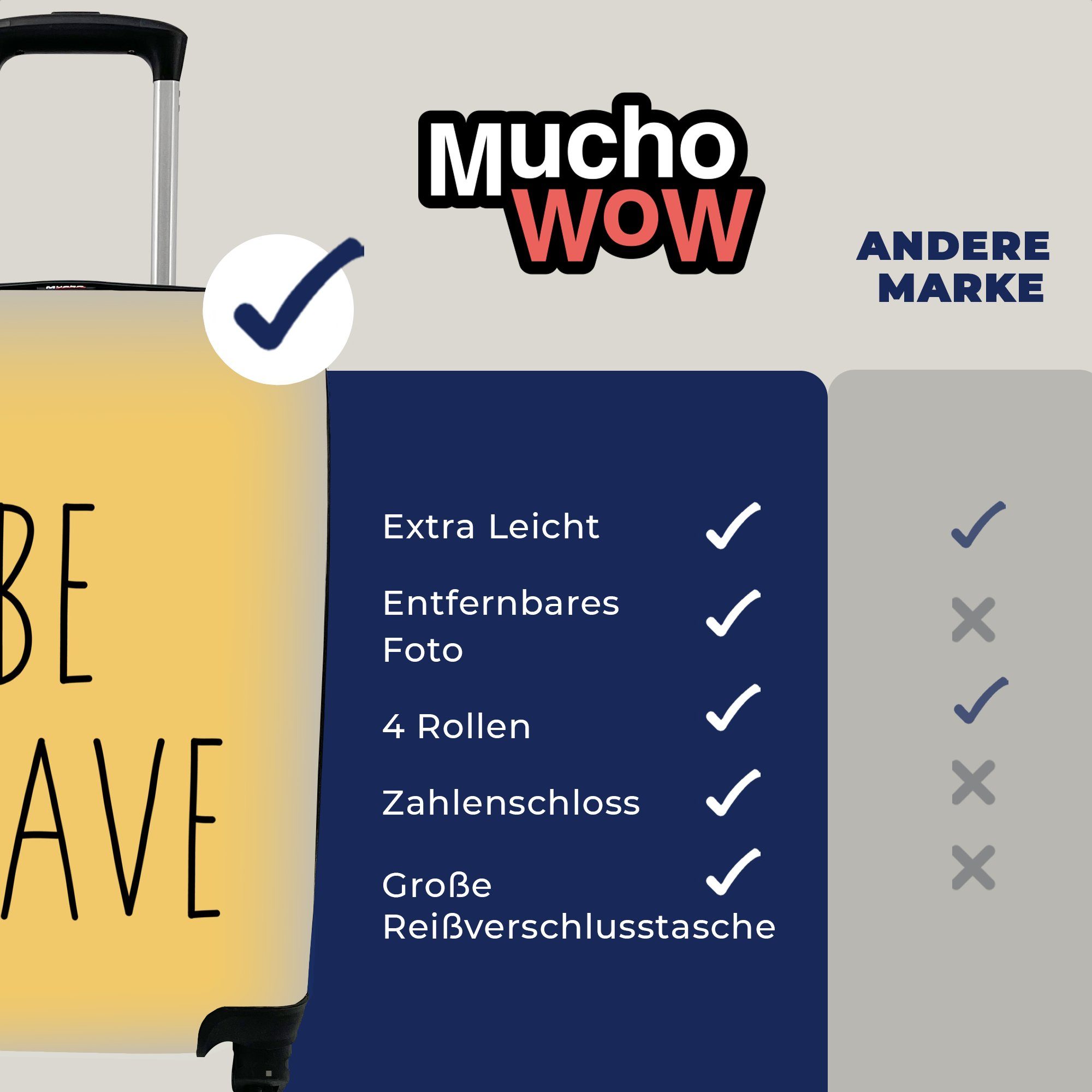 MuchoWow Handgepäckkoffer gelben Reisekoffer vor Rollen, dem "Be Trolley, mit für Zitat Ferien, einem Handgepäck Reisetasche Illustration mit brave" 4 rollen, Hintergrund