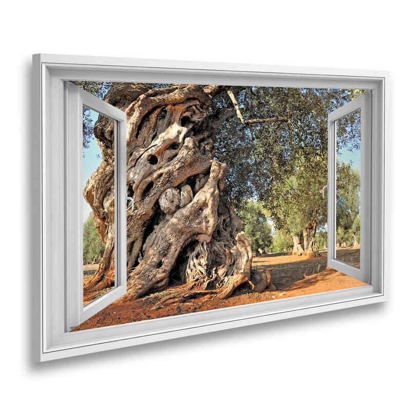 islandburner Leinwandbild Fensterblick Alter Olivenbaum im Garten Sagenhafter Effekt Wandbild Le