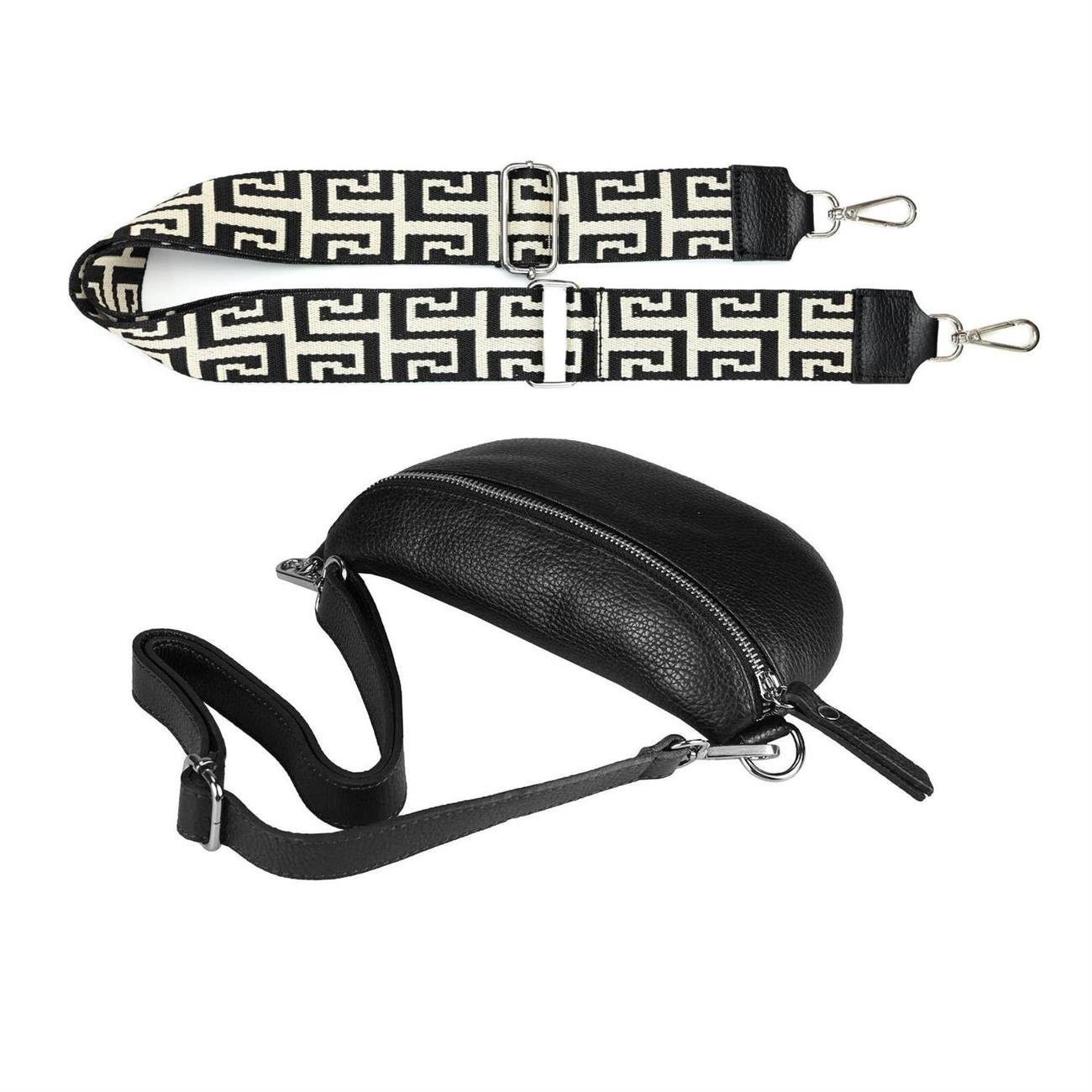 ITALYSHOP24 Bauchtasche Made in Italy Damen Leder Gürteltasche Hüfttasche Brusttasche Bodybag (Spar-Set aus einer Tasche mit dem Ledergurt und einem breitem Stoffgurt/Umhängeband, Crossbody Bag mit zusätzlichen Riemen), 1 Tasche & 2 Gurte, Schultertasche, Umhängetasche mit 2 Schulterriemen