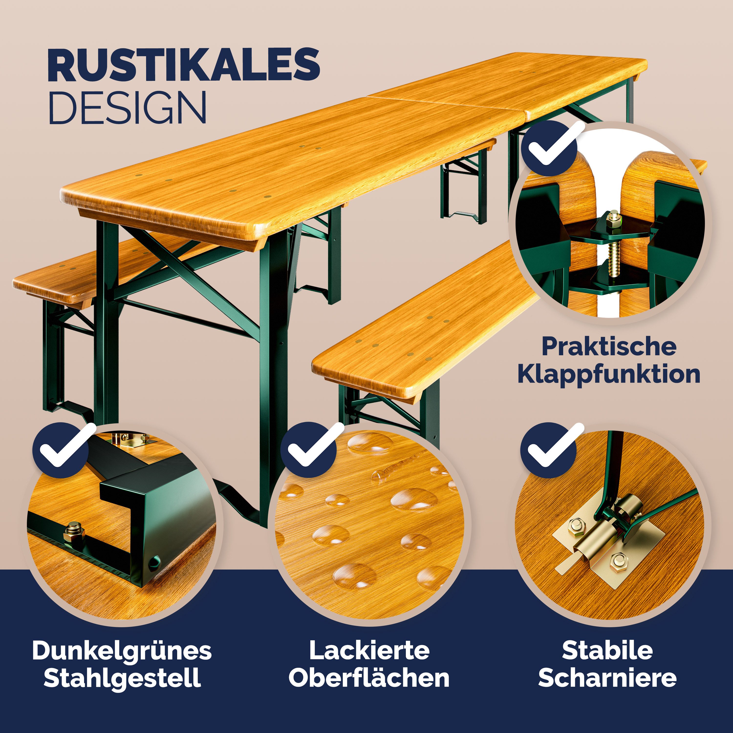 Casaria Bierzeltgarnitur, 4er Set 220 cm Klappbar Stabil 3 Teilig Festzelt Biergarten Holz