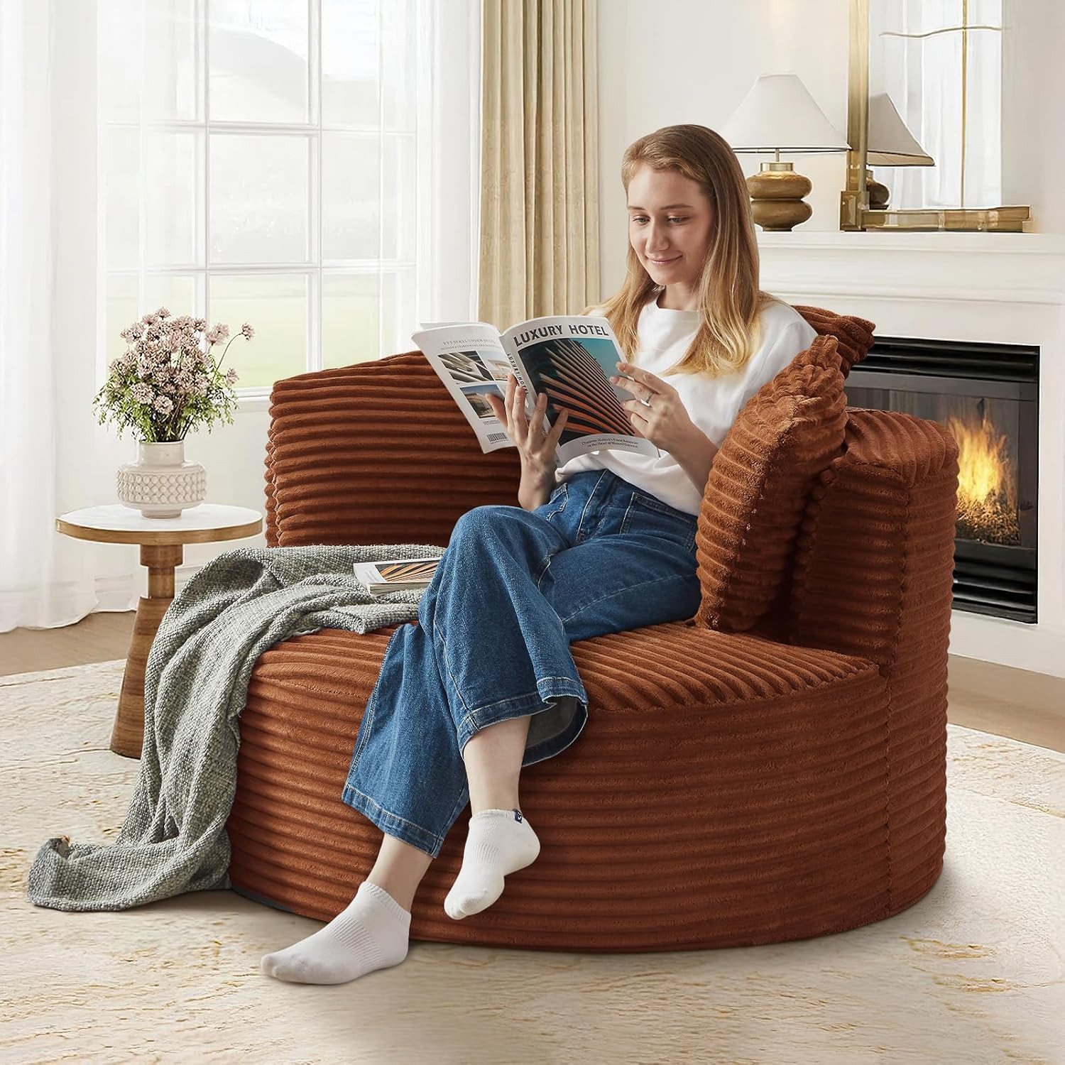 ANYSUN Relaxsessel Lesesessel,Armsessel,Tonnensessel,Loungesessel,Sitzsack (Übergroßer runder Cord-Sofastuhl, moderner Chaiselongue-Stuhl), für Wohnzimmer, Büro, Wohnung,kein Zusammenbau erforderlich
