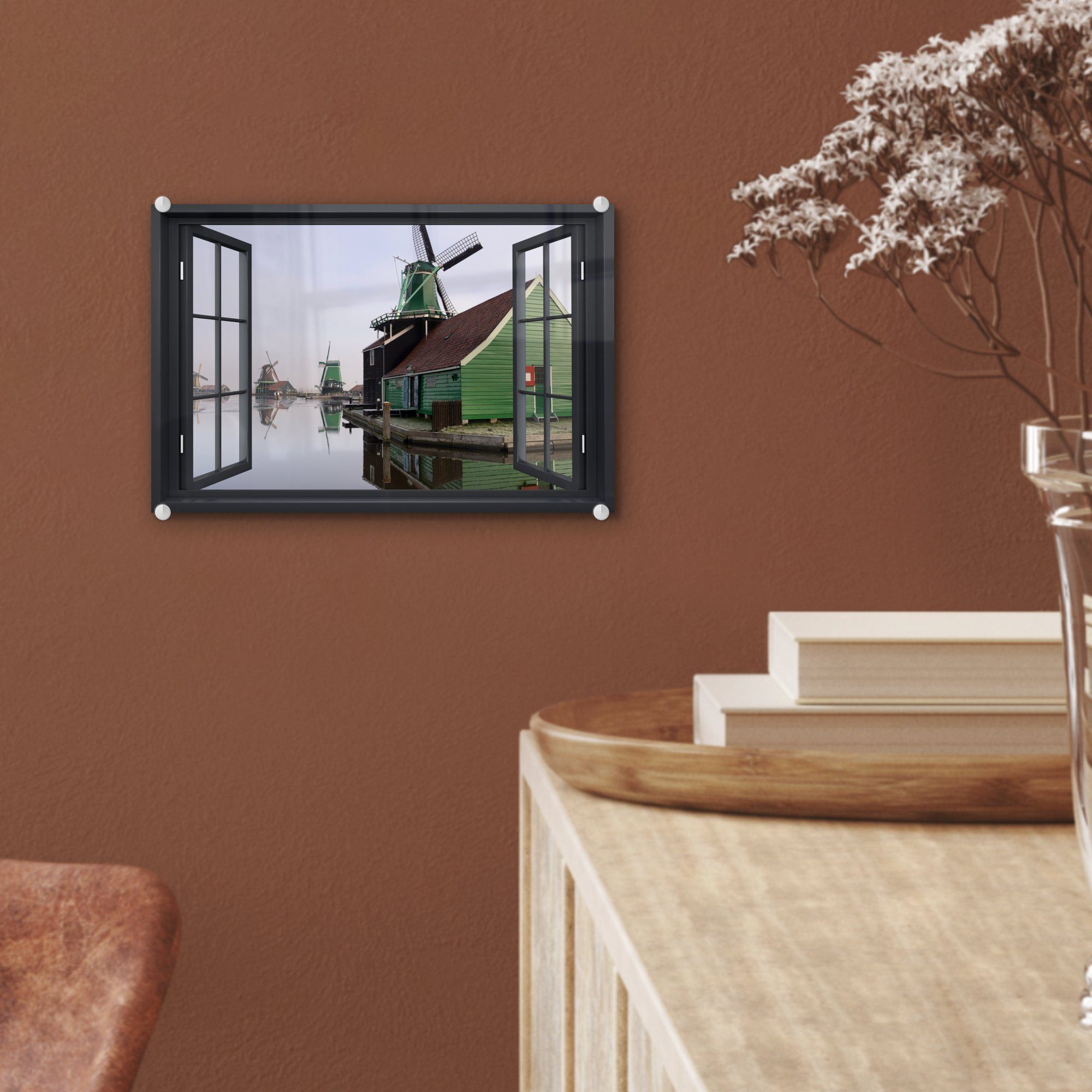 Mühle - Wandbild - Grün, St), Bilder Aussicht - Glas (1 auf Glas - MuchoWow Wanddekoration Foto - Glasbilder auf Acrylglasbild