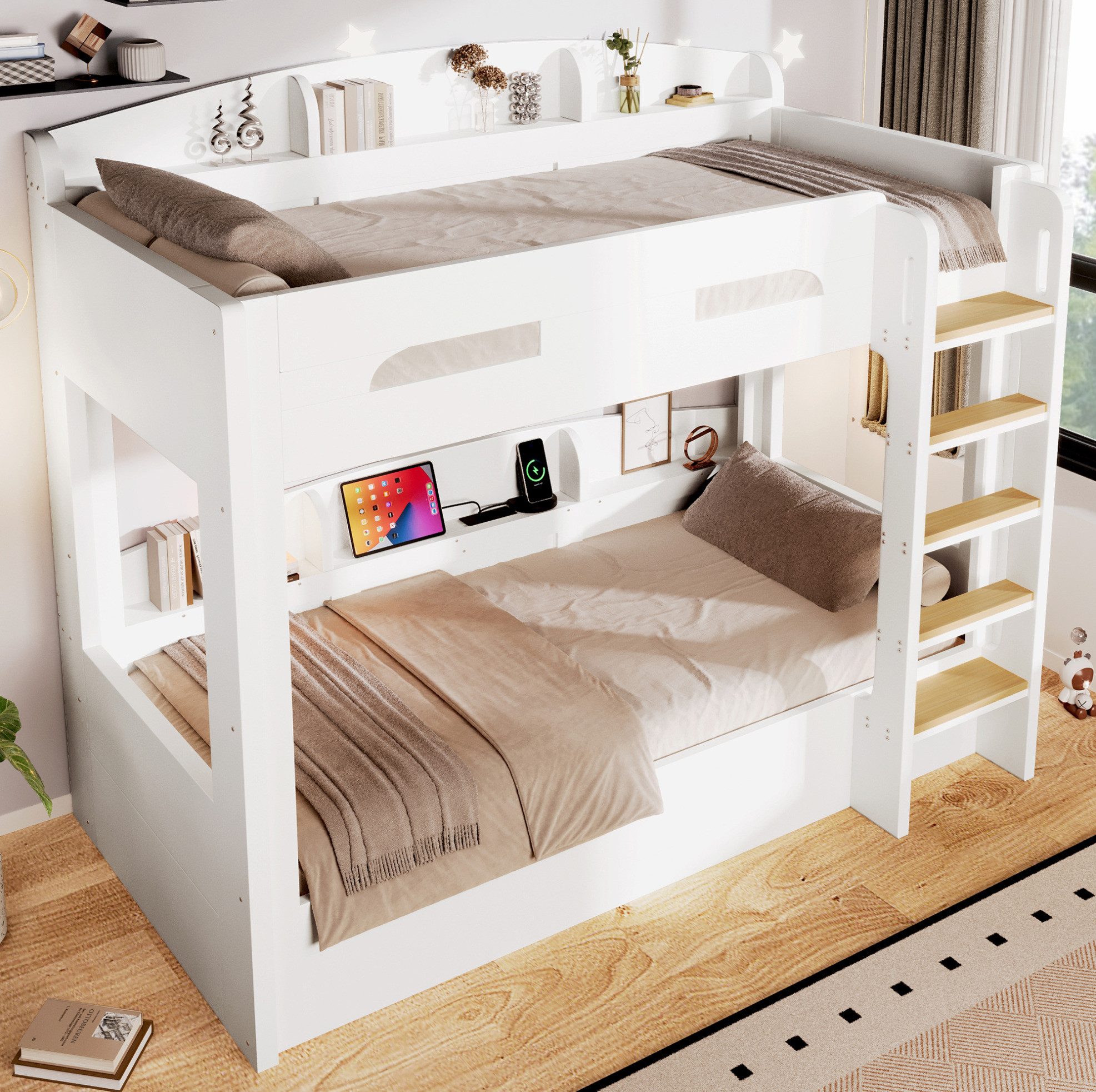 MODFU Hochbett Jugendbett mit integriertem Unterbett und Ablageflächen (Packung, 1-St., Bett mit USB Steckdose und modernen Details, ohne Matratze) Multifunktionsbett 90x200 cm Weiß mit Stauraumbereich