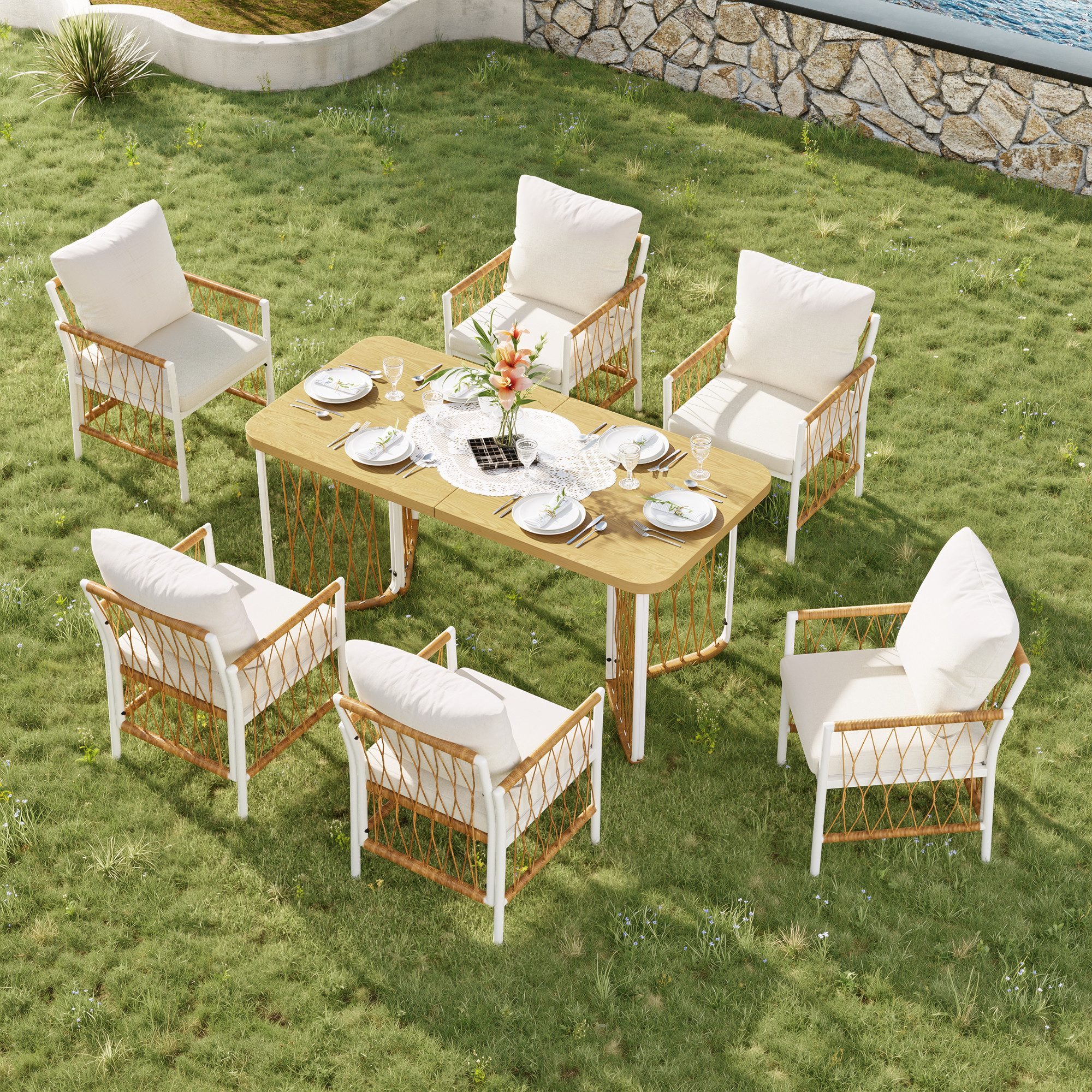Odikalo Gartenlounge-Set Gartenmöbel Garten-Essgruppe Gartentisch, (Outdoor-Set, Freizeit- und Besprechungsset für mehrere Personen, Eisengestell, Geflochtene Armlehnen, Inklusive Sitzkissen)