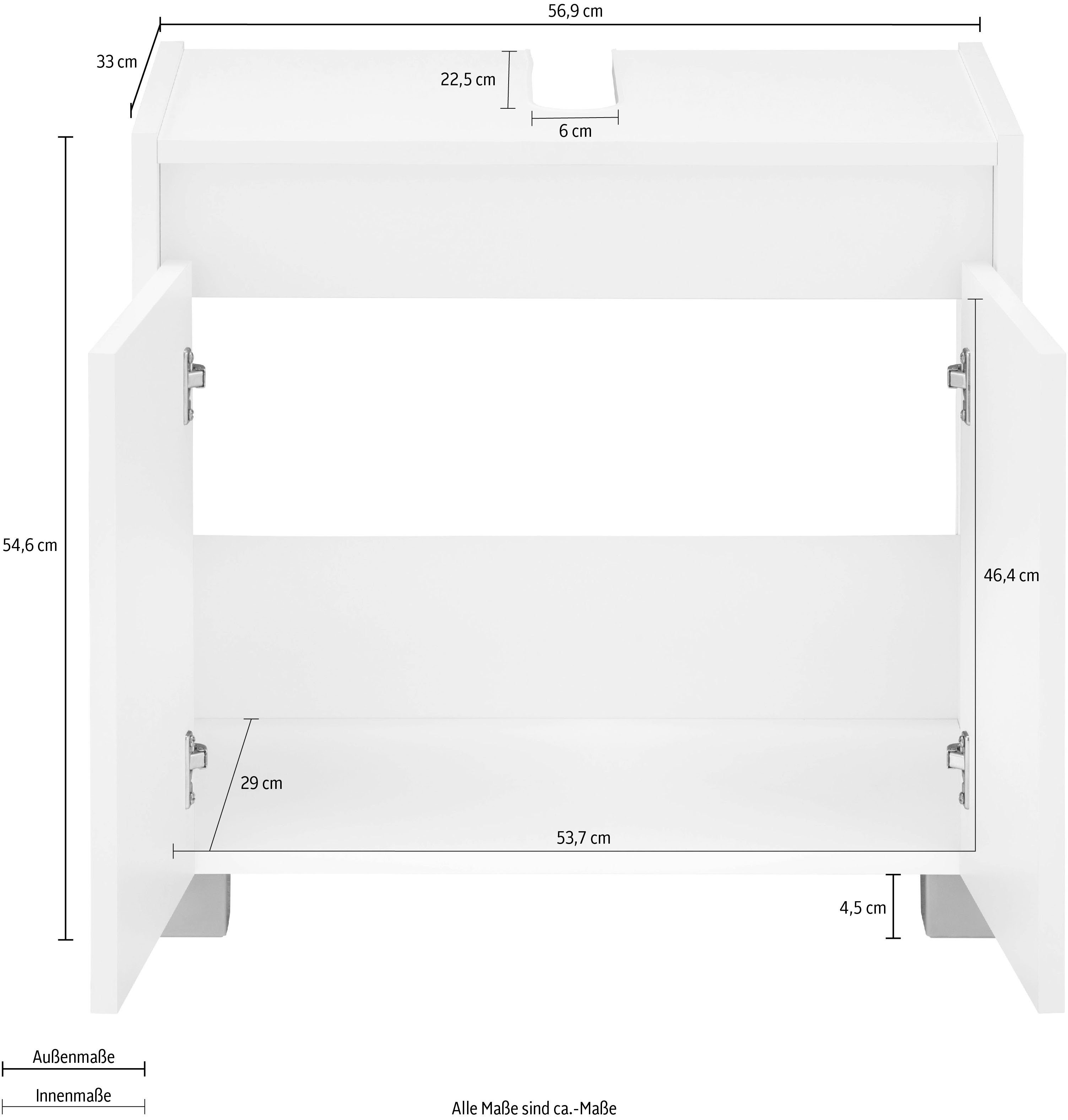 INOSIGN Waschbeckenunterschrank List Breite 56,9 cm, grifflos, perl 54,6 cm, Siphonausschnitt weiß/platingrau Höhe