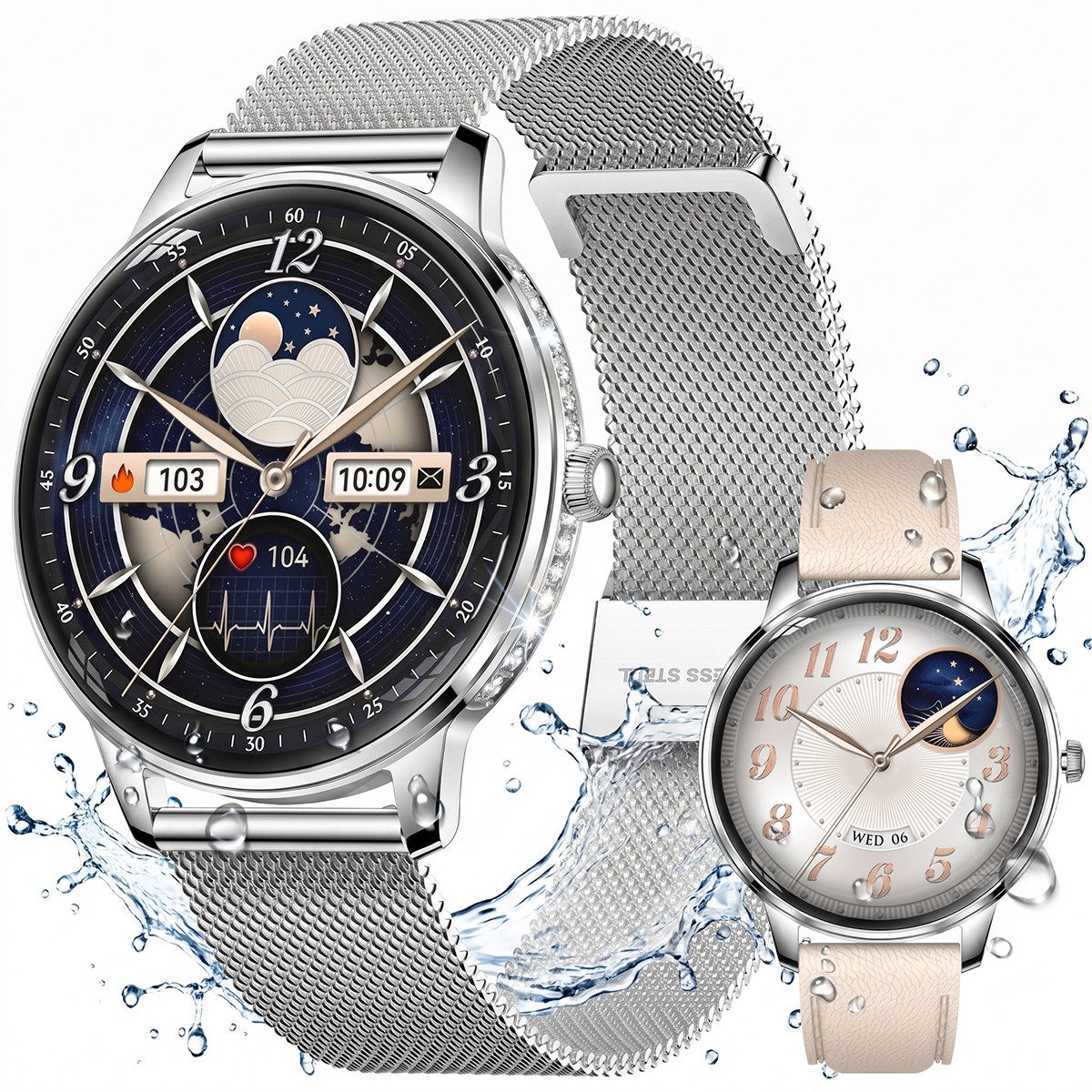 Vashoy Smartwatch Damen,1.19" mit Bluetooth Anrufe,Sprachassistent Smartwatch (38mm cm/1.19 Zoll, Android4.4/IOS1.0) Spar-Set, 4-tlg., Anrufe, Schrittzähler, Puls, Blutdruck, Stress-, Schlafüberwachung, IP68 Wasserdicht – Fitnessuhr Kompatibel mit iOS And