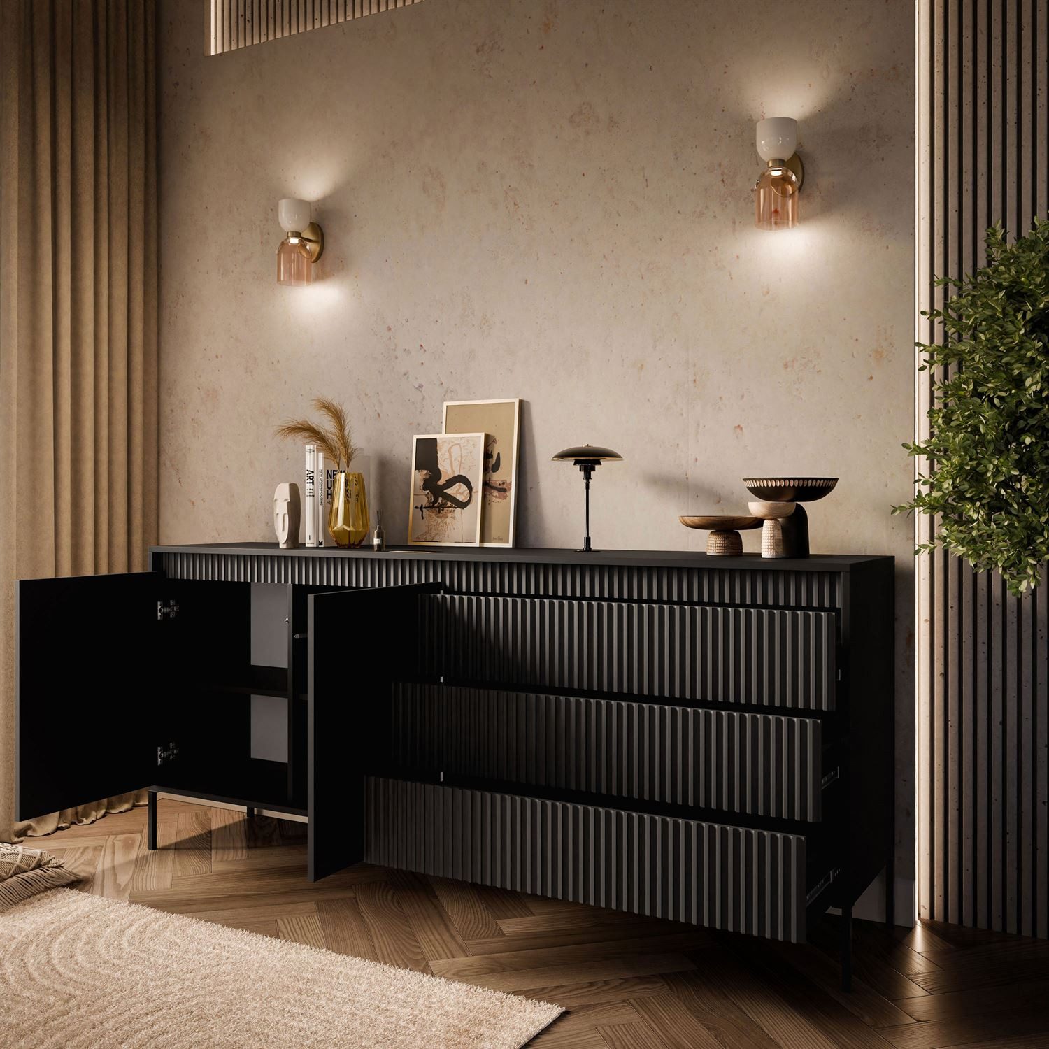 Lookway Kommode YASUMI 2D3S Sideboard mit 2 Türen und 3 Schubladen, 187,1x39,5x81,4 cm – Bild 4 von 5