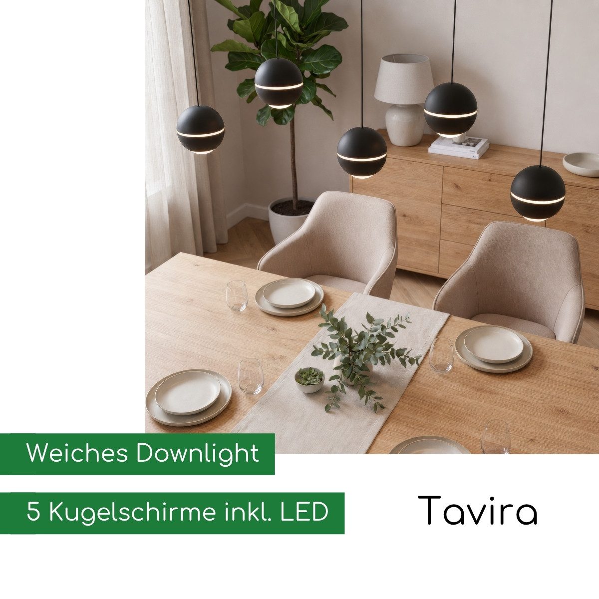 CASA DOMA LED Pendelleuchte Tavira, 5-flammige Deckenleuchte für Esstisch & Wohnzimmer, Schwarz, dimmbar, LED fest integriert, Warmweiß, Soft-Lift-Höhenverstellung, aus Metall, Kugeln verstellbar