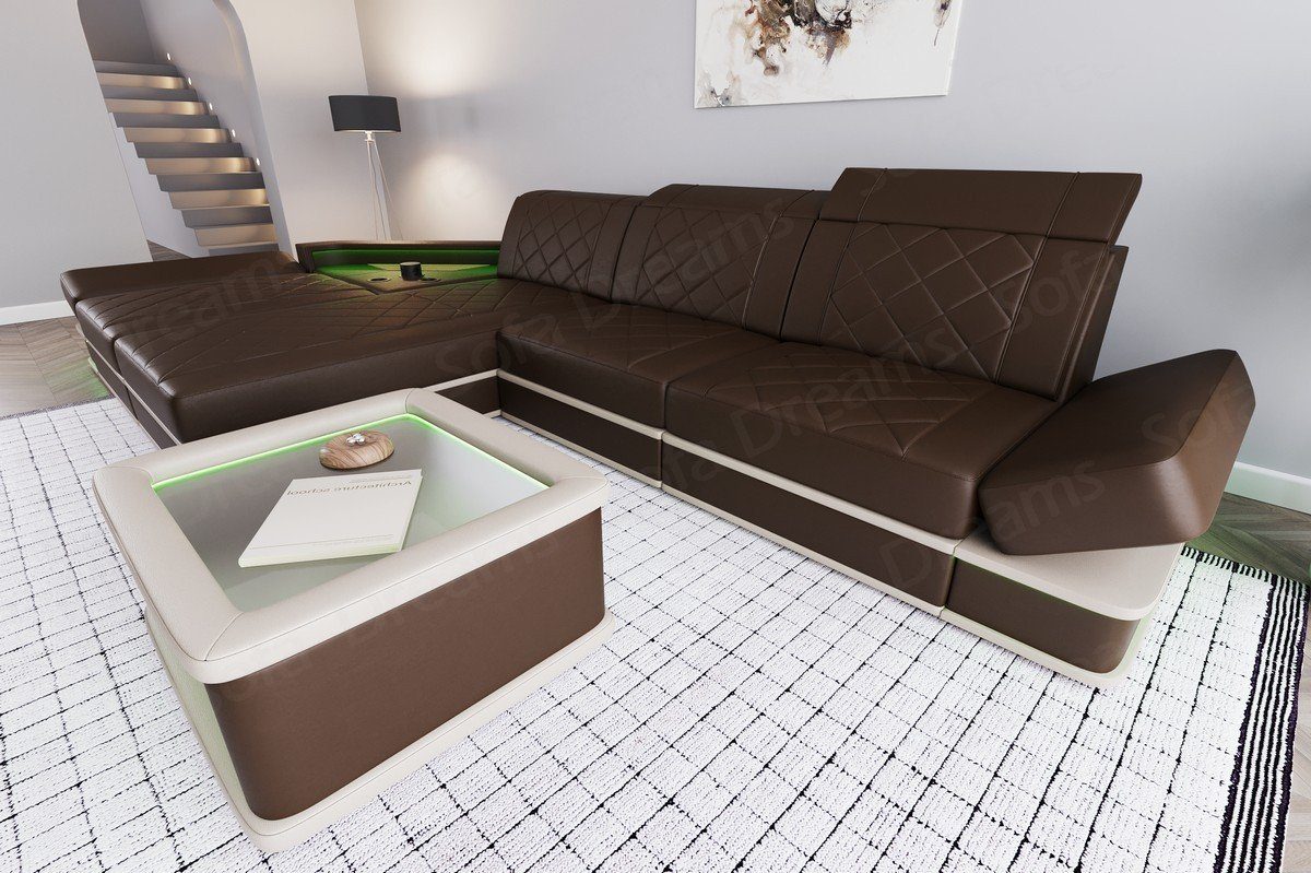 Couch Designer L Ledercouch Perugia Sofa Ecksofa Ledersofa, Sofa LED-Beleuchtung Leder Form Dreams mit