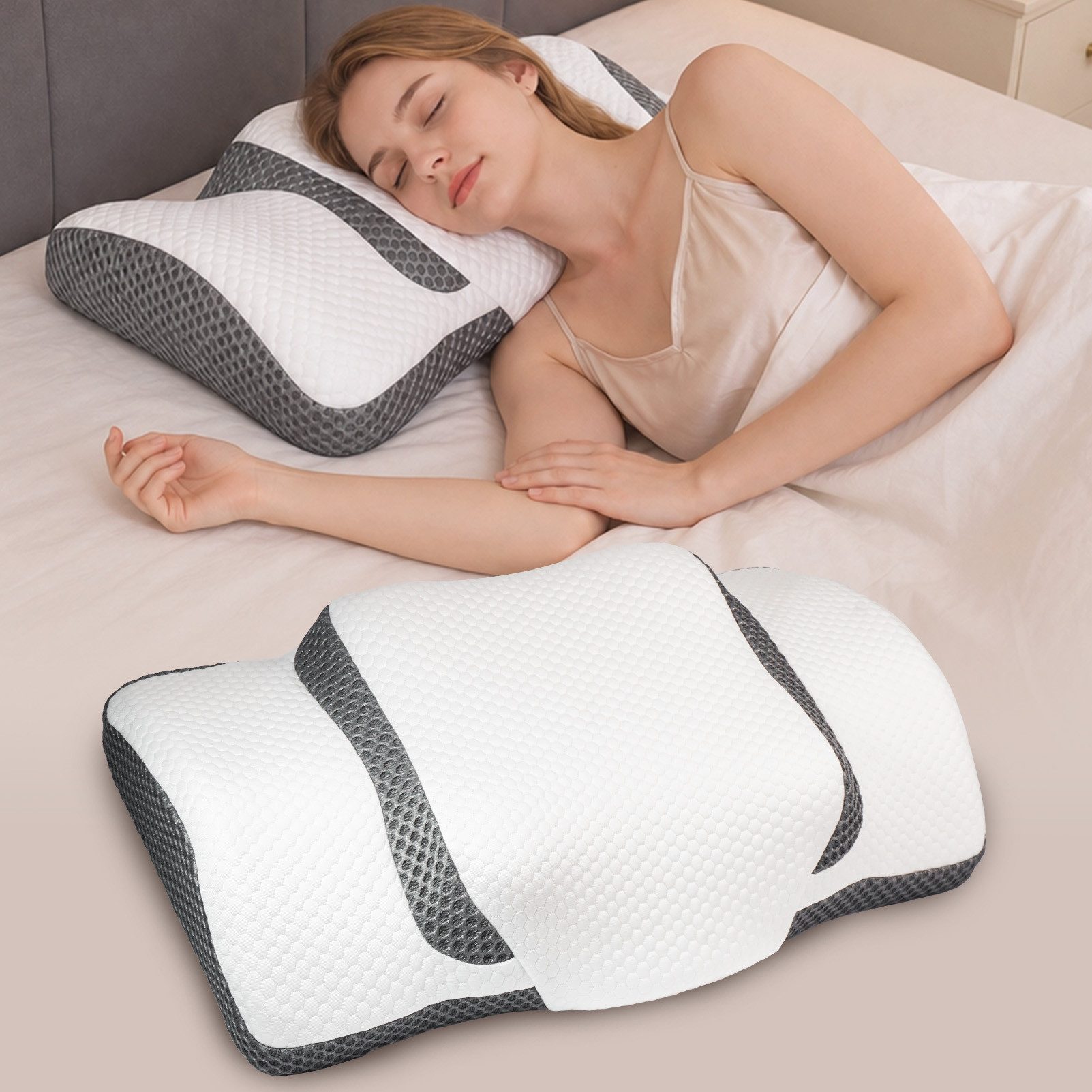 Esun Kopfkissen Nackenstützkissen Orthopädisches Nackenkissen Memory Foam, 2 Höhen, Füllung: 100% Memory Foam, Ruckenschlafer, Bauchschlafer, Seitenschlafer, Set, ergonomisches kopfkissen, seitenschläferkissen, Seitenschläferkissen, Pillow, Kissen, Schlafkissen