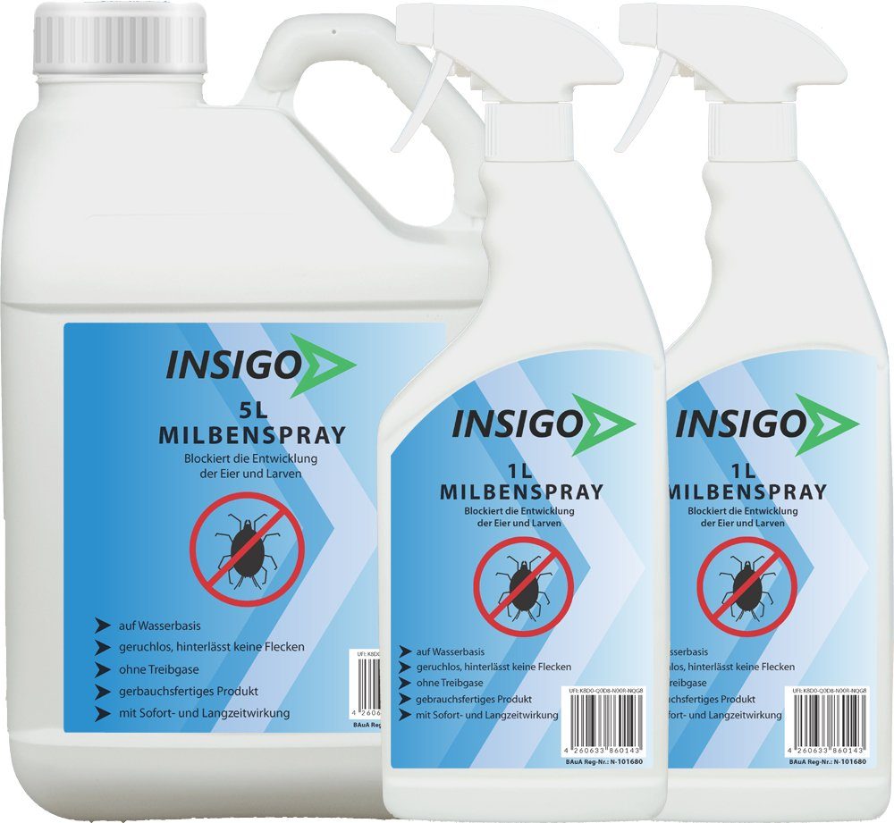 INSIGO Insektenspray Anti Milben-Spray Milben-Mittel Ungezieferspray, 7 l, auf Wasserbasis, geruchsarm, brennt / ätzt nicht, mit Langzeitwirkung