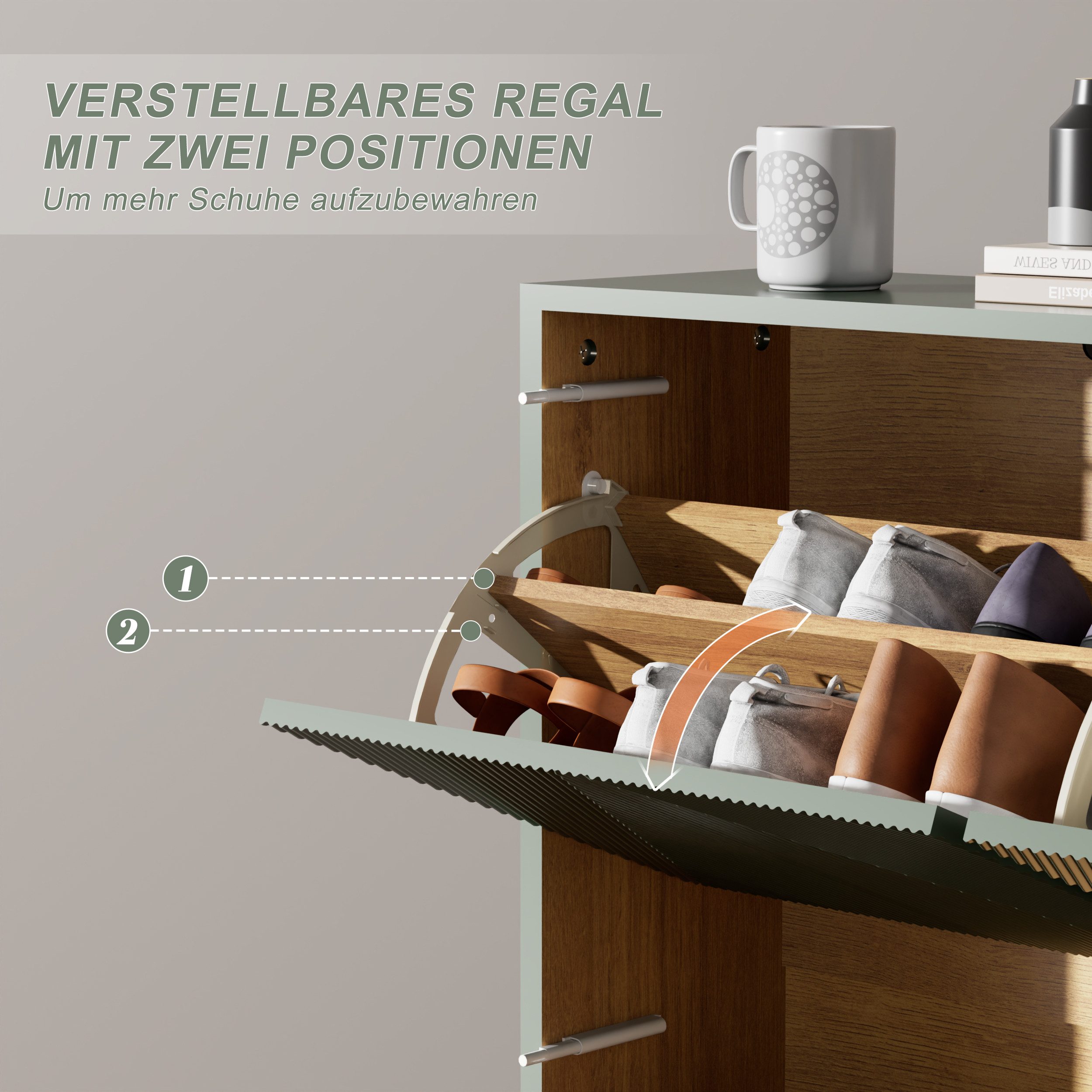 UEV Schuhschrank schmaler Schuhschrank mit 4 Klappen, Schukipper Schuhregal 100x24x91cm Schuhkommode mit Kippschutz & Drucktür & Verstellbarer Trennwände – Bild 3 von 5