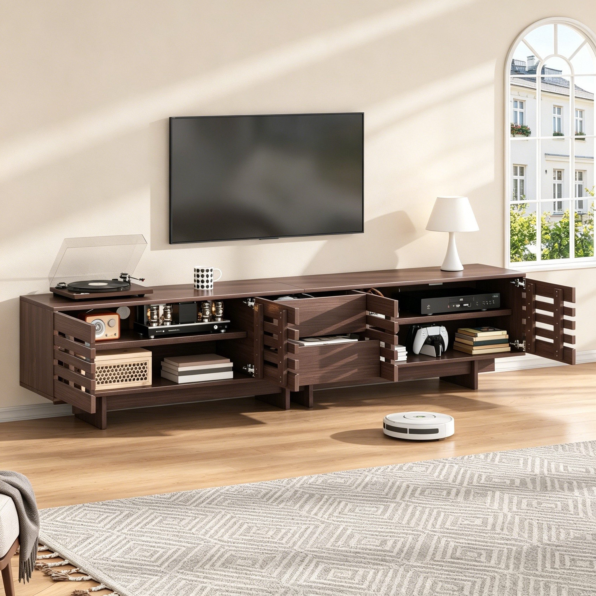 Merax Lowboard in Walnuss Holzoptik (1 St., Fernsehtisch für bis 80 Zoll), TV Schrank mit 4 Flügeltüren, 2 Schubladen & 6 Fächer, 200×39,5×55cm